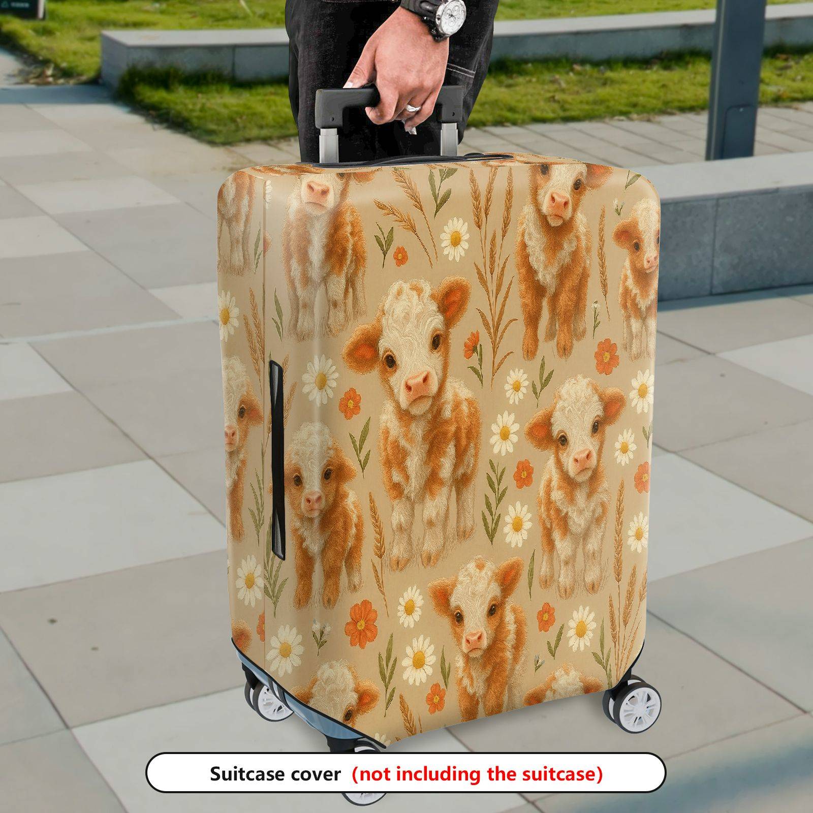 1-Piece Cute Cow Floral Pastoral Farm Animal Beige  Suitcase Luggage Cover, Stretch Protective Sleeve