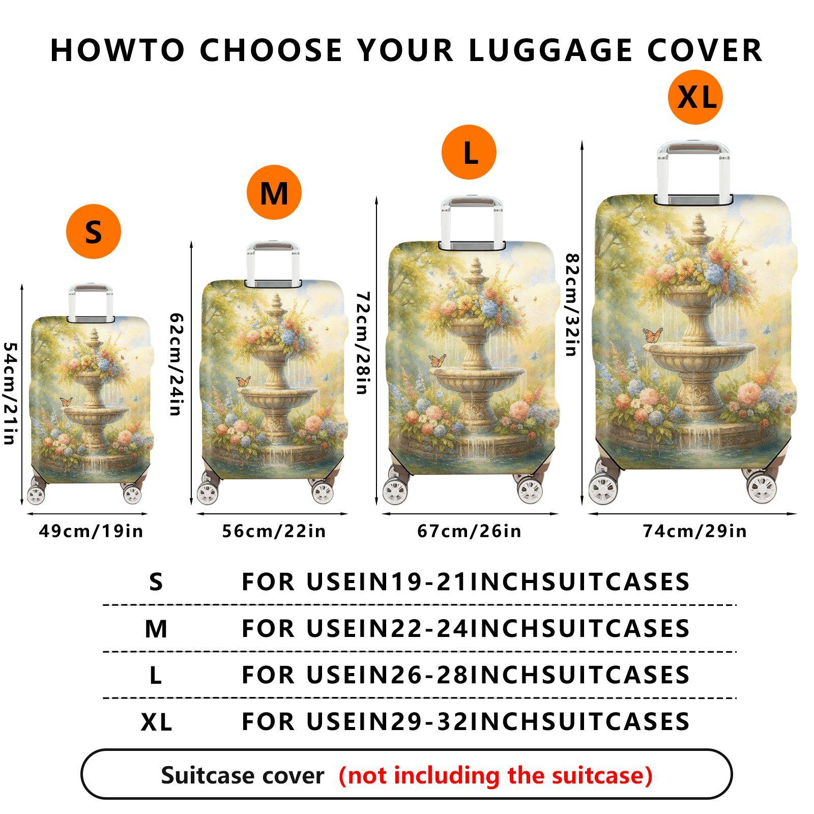 1-Piece Fountain Flower Butterfly Landscape Artistic  Suitcase Luggage Cover, Stretch Protective Sleeve