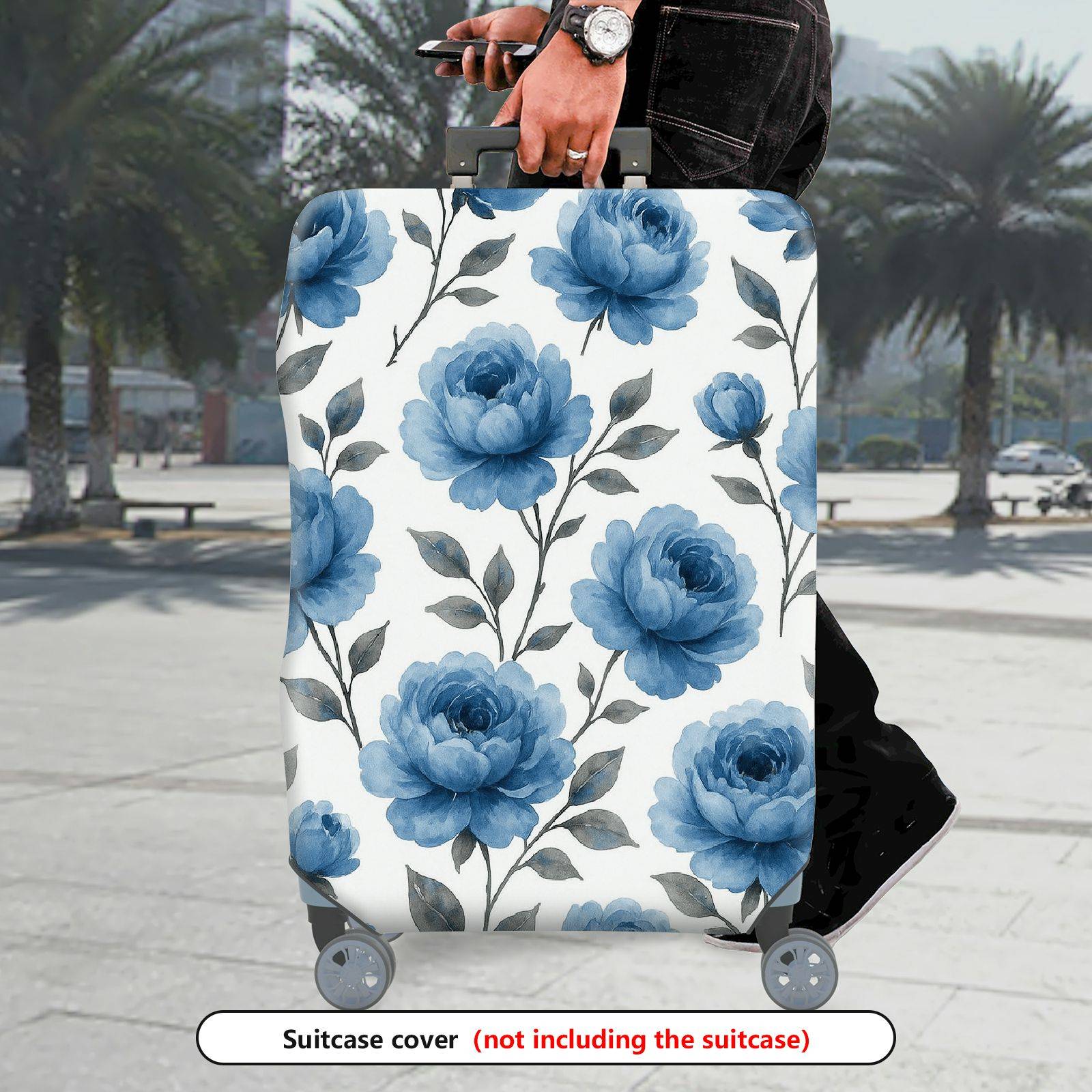 1-Piece Blue Flower Floral Artistic Vibrant Elegant  Suitcase Luggage Cover, Stretch Protective Sleeve