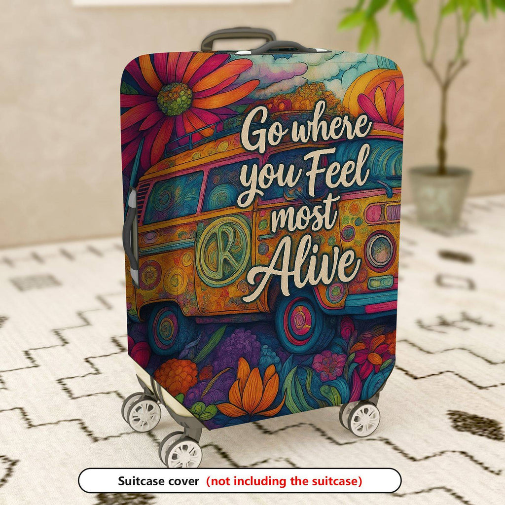 1-Piece Adventure Quote Floral Retro Van Colorful Artistic  Suitcase Luggage Cover, Stretch Protective Sleeve