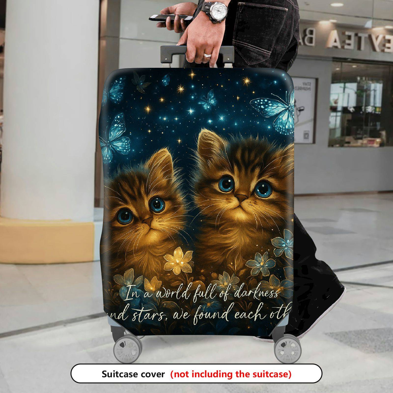 1-Piece Starry Night Cat Butterfly Floral Romantic  Suitcase Luggage Cover, Stretch Protective Sleeve