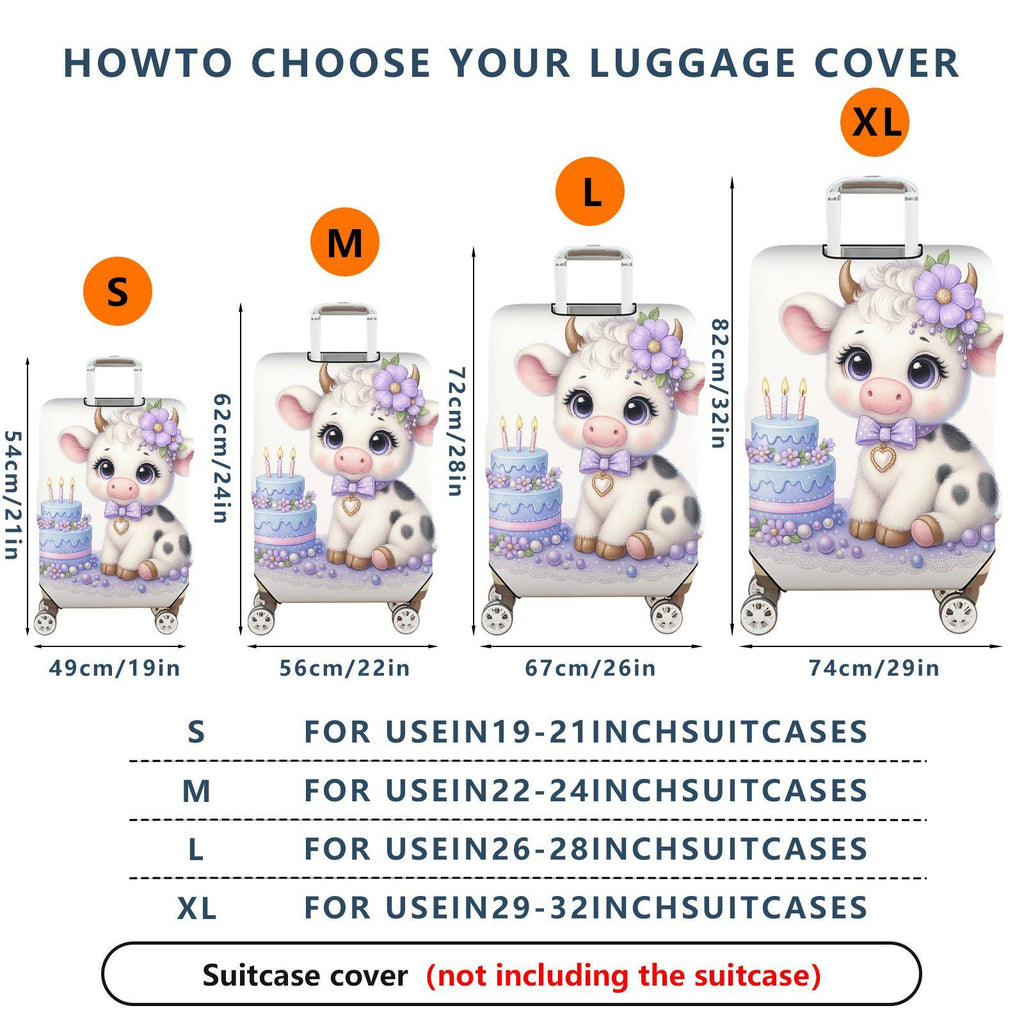 1-Piece Adorable  Cow Birthday Cake Purple Flower Decorative  Suitcase Luggage Cover, Stretch Protective Sleeve