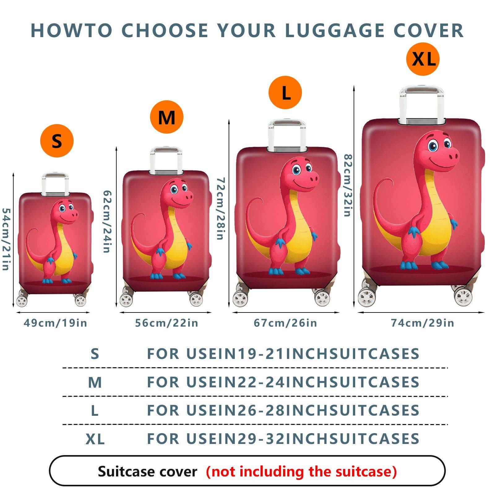 1-Piece Dinosaur Red Fun Cute Animal Travel  Suitcase Luggage Cover, Stretch Protective Sleeve
