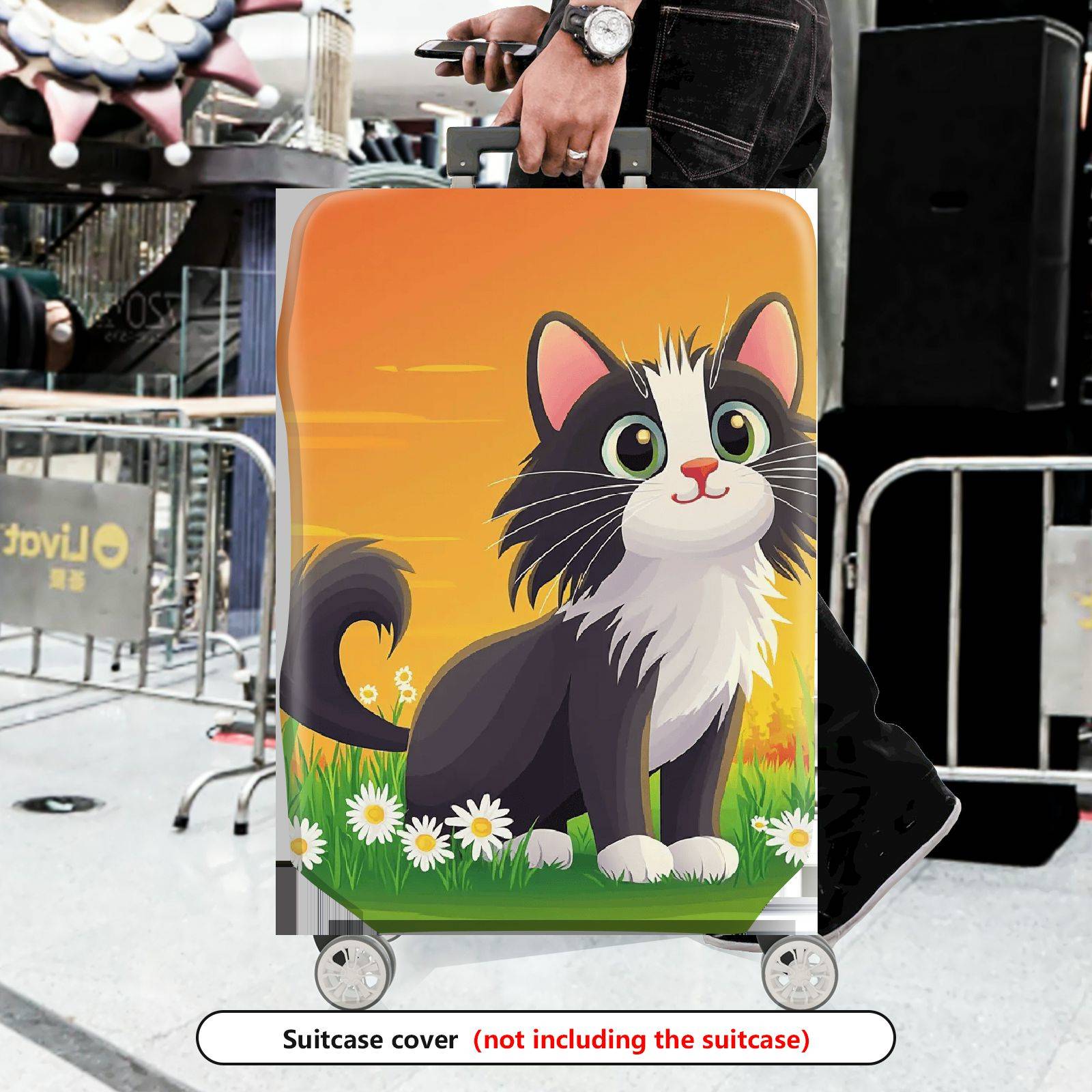 1-Piece Cute Cat Daisy Floral Orange Artistic Graphic  Suitcase Luggage Cover, Stretch Protective Sleeve