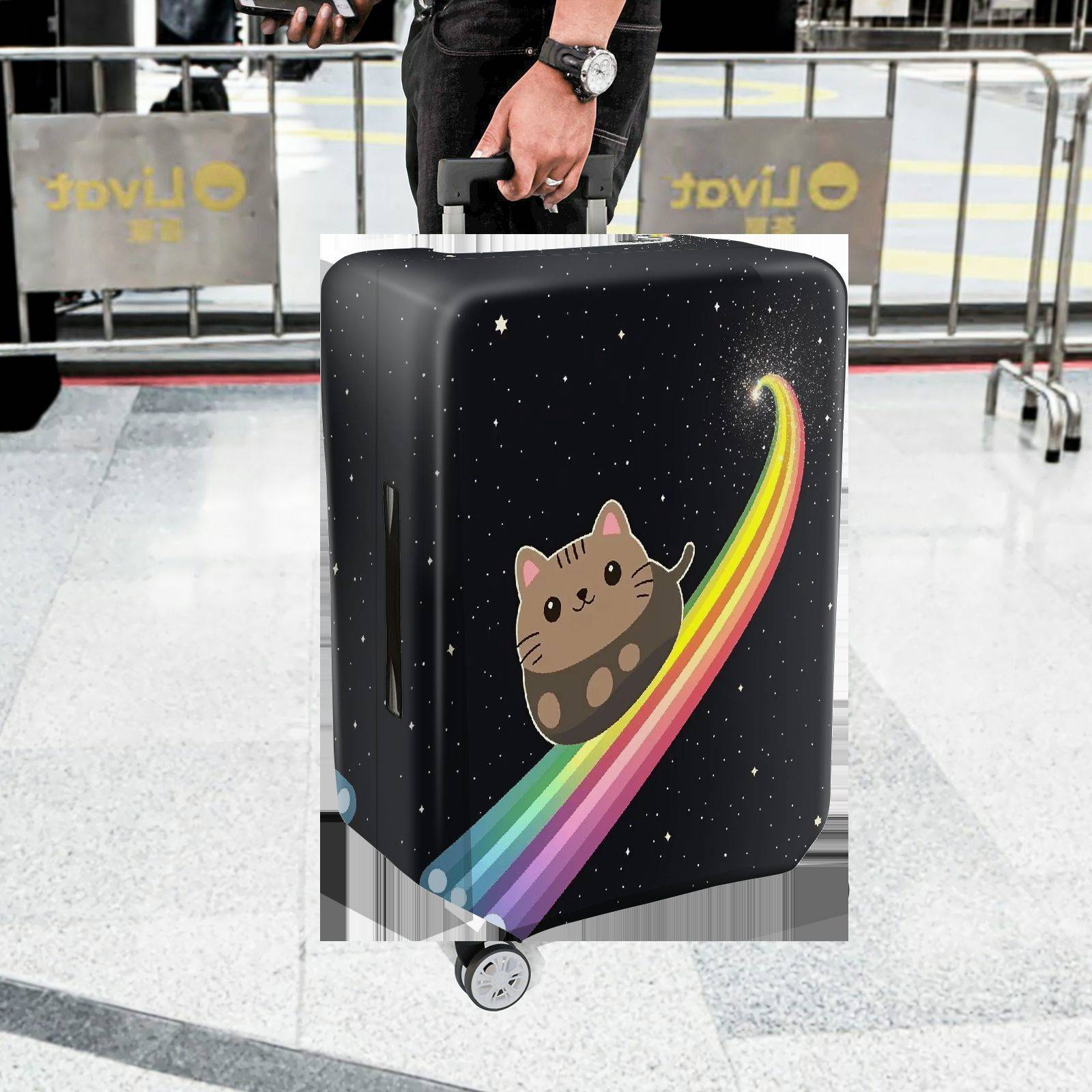 1-Piece Cute Cat Rainbow Galaxy Starry Night Cosmic  Suitcase Luggage Cover, Stretch Protective Sleeve