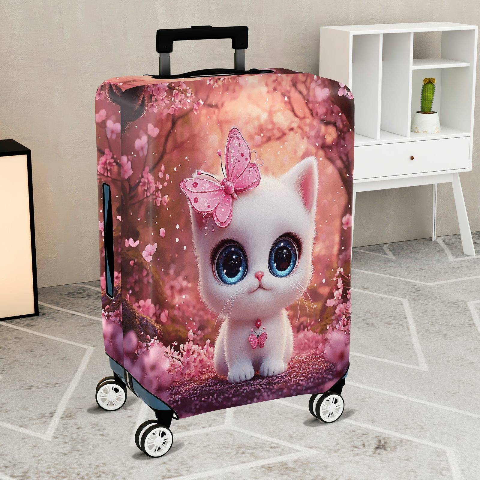 1-Piece Cute Kitten Butterfly Pink Floral Whimsical  Suitcase Luggage Cover, Stretch Protective Sleeve
