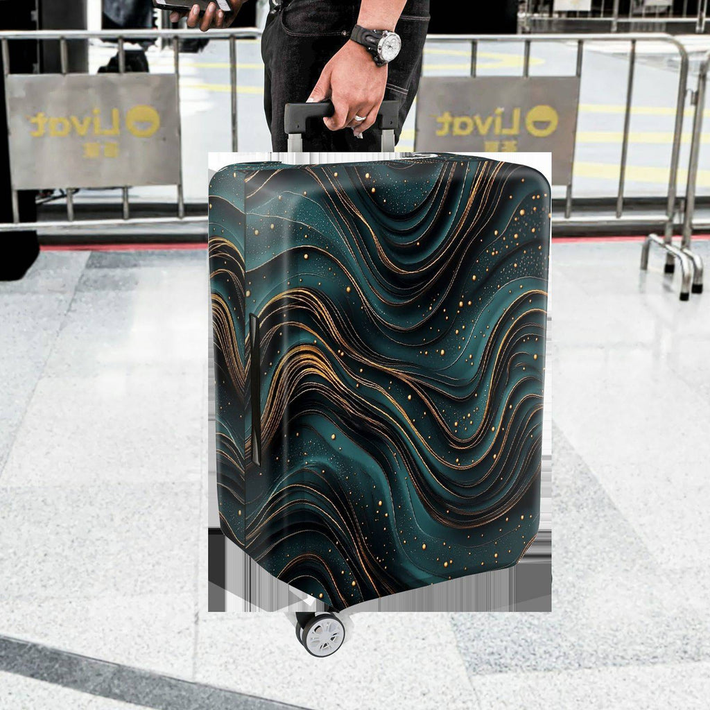 1-Piece Abstract Waves Pattern Teal Gold Artistic Modern  Suitcase Luggage Cover, Stretch Protective Sleeve