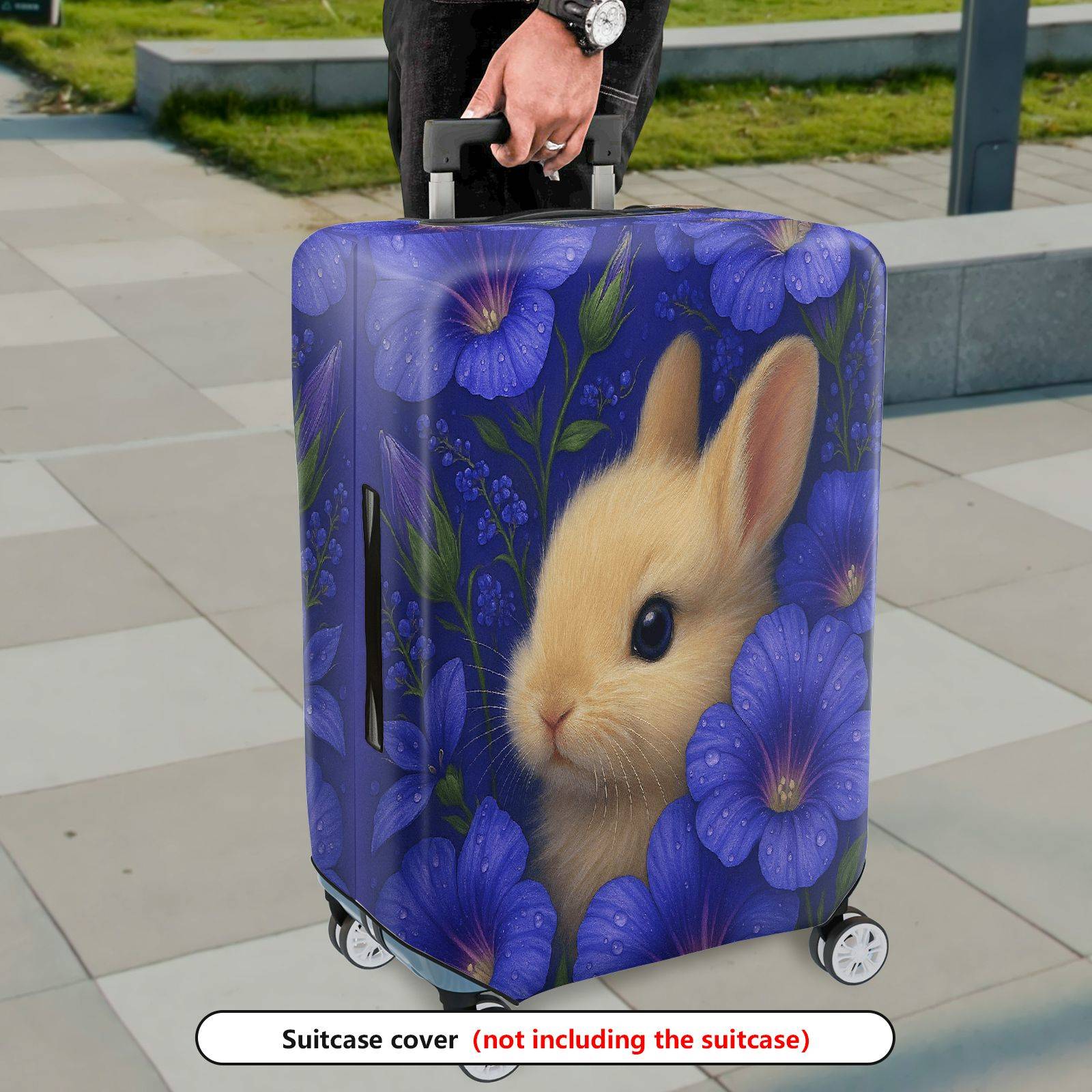 1-Piece Bunny Floral Blue Nature Cute Adorable  Suitcase Luggage Cover, Stretch Protective Sleeve