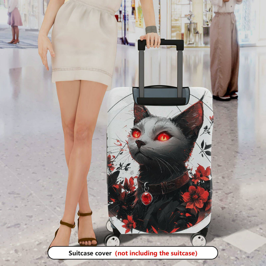 1-Piece Black Cat Red Eyes Floral Gothic Art  Suitcase Luggage Cover, Stretch Protective Sleeve