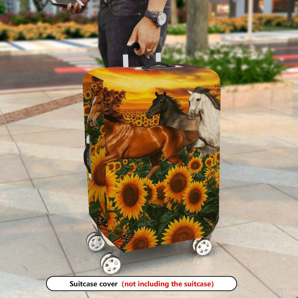 1-Piece Horse Sunflower Butterfly Sunset Landscape  Suitcase Luggage Cover, Stretch Protective Sleeve