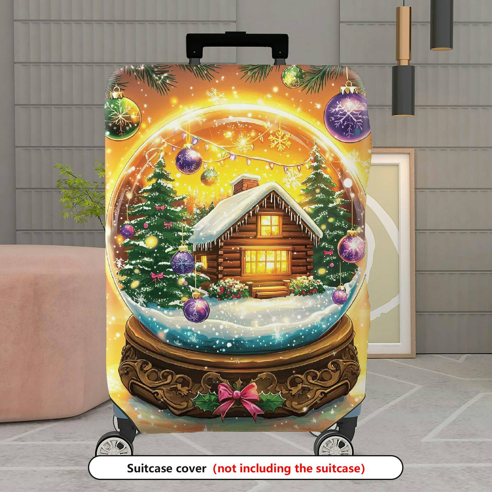 1-Piece Snow Globe Christmas Cabin Holiday Festive Winter  Suitcase Luggage Cover, Stretch Protective Sleeve