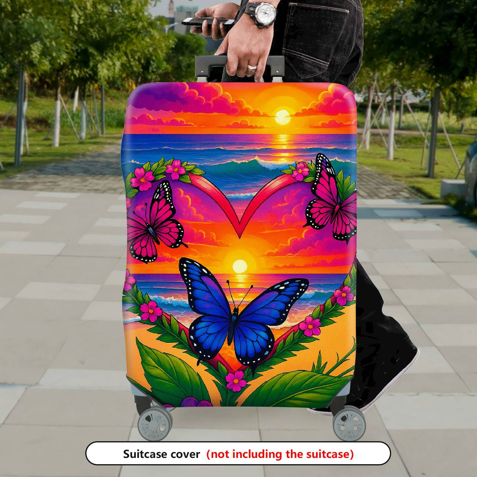 1-Piece Sunset Ocean Heart Butterfly Floral  Suitcase Luggage Cover, Stretch Protective Sleeve