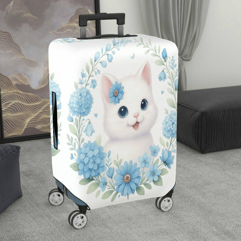 1-Piece Floral Cat Design Blooming Blue Daisy Leaves Nature  Suitcase Luggage Cover, Stretch Protective Sleeve