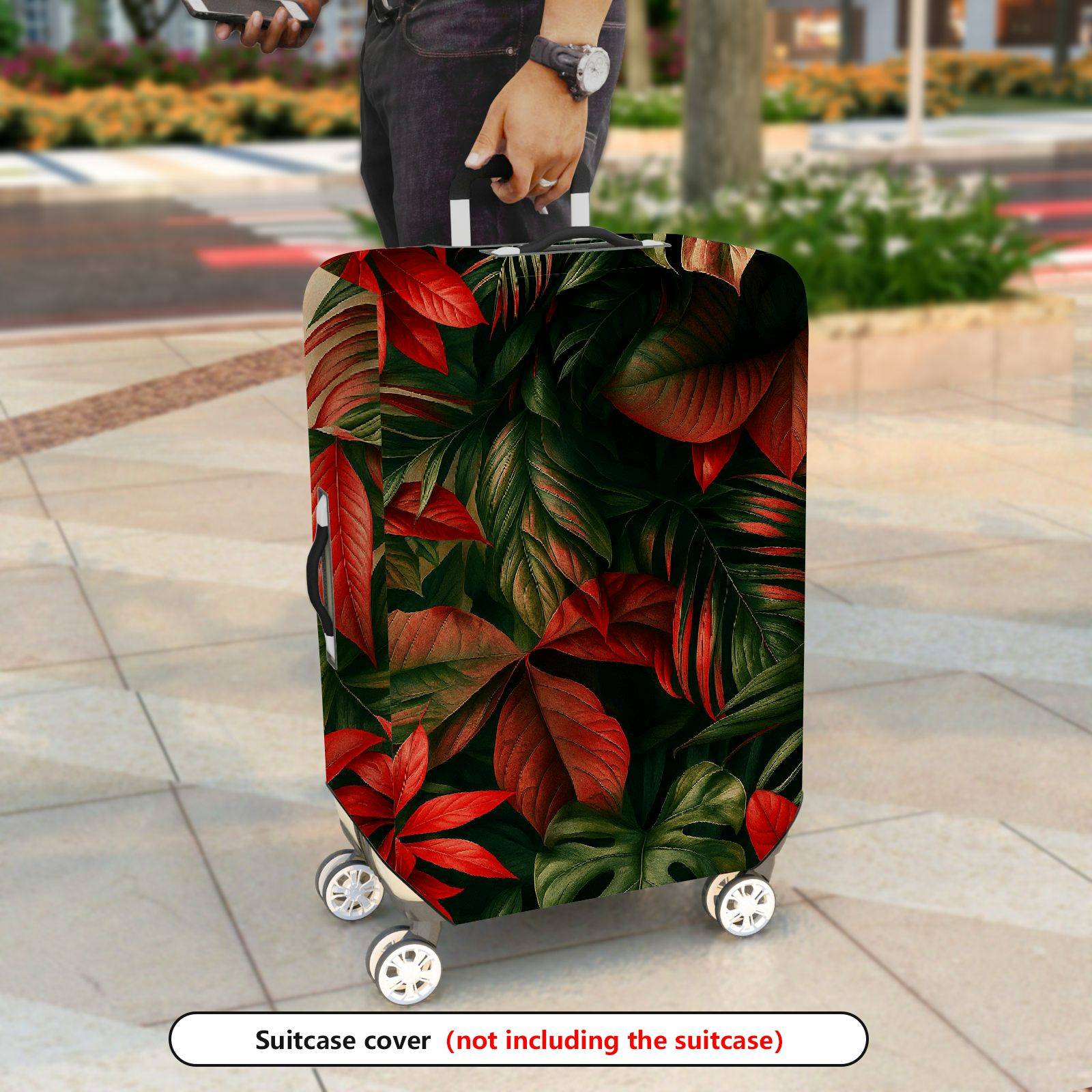 1-Piece Red Green Tropical Leaf Floral Jungle  Suitcase Luggage Cover, Stretch Protective Sleeve