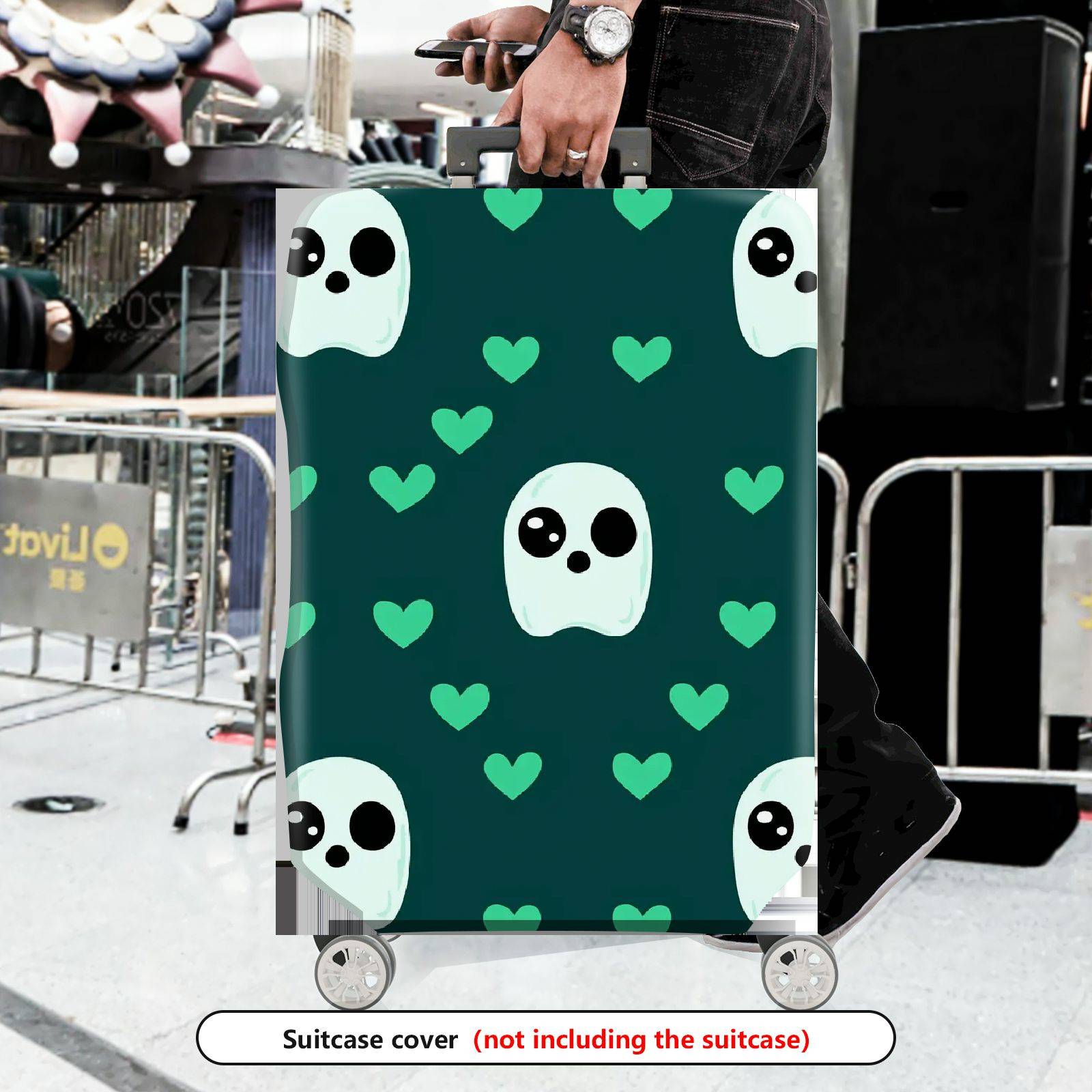 1-Piece Ghost Heart Love Cute Fun Green  Suitcase Luggage Cover, Stretch Protective Sleeve