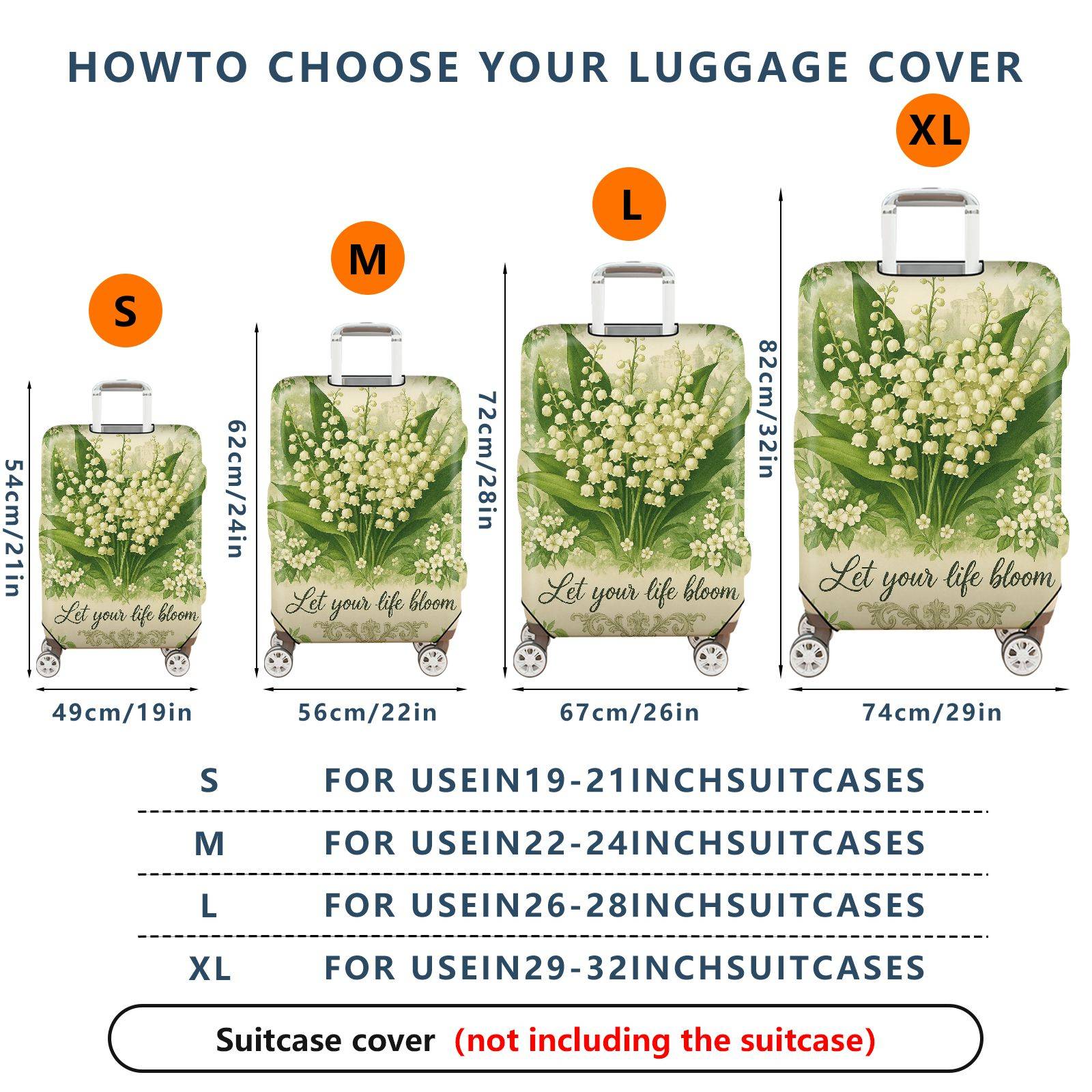 1-Piece Floral Blossom Green Nature Botanical Inspirational Quote  Suitcase Luggage Cover, Stretch Protective Sleeve