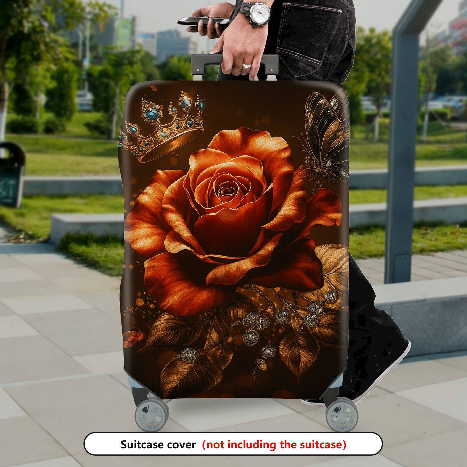 1-Piece Crown Rose Butterfly Floral Luxury Sparkling  Suitcase Luggage Cover, Stretch Protective Sleeve