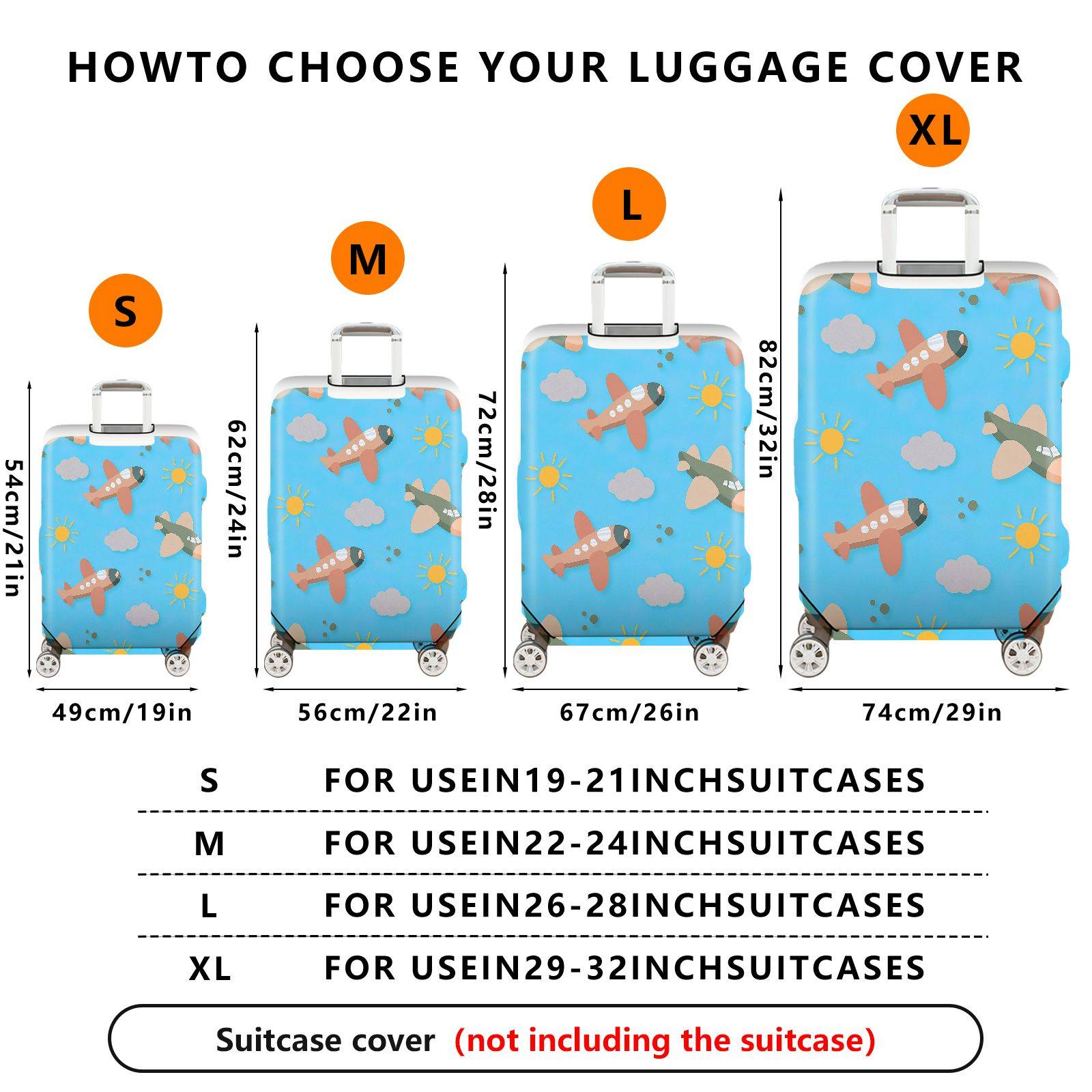 1-Piece Airplane Cloud Sun Blue Travel Adventure Luggage  Suitcase Luggage Cover, Stretch Protective Sleeve
