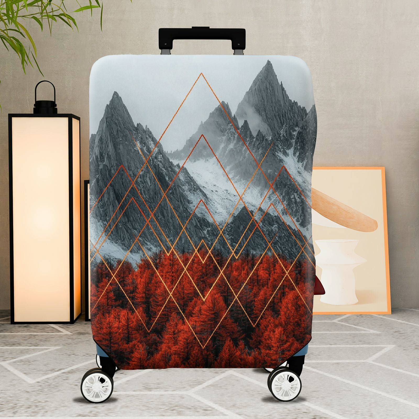 1-Piece Mountain Forest Geometric Red Orange Black  Suitcase Luggage Cover, Stretch Protective Sleeve
