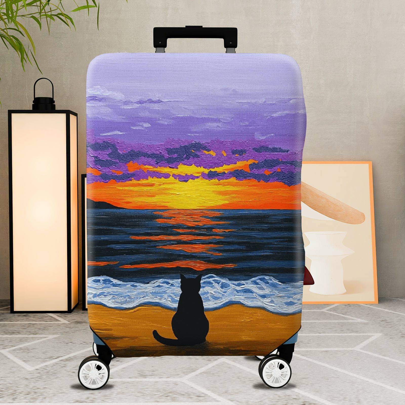 1-Piece Sunset Ocean Cat Beach Evening Landscape  Suitcase Luggage Cover, Stretch Protective Sleeve