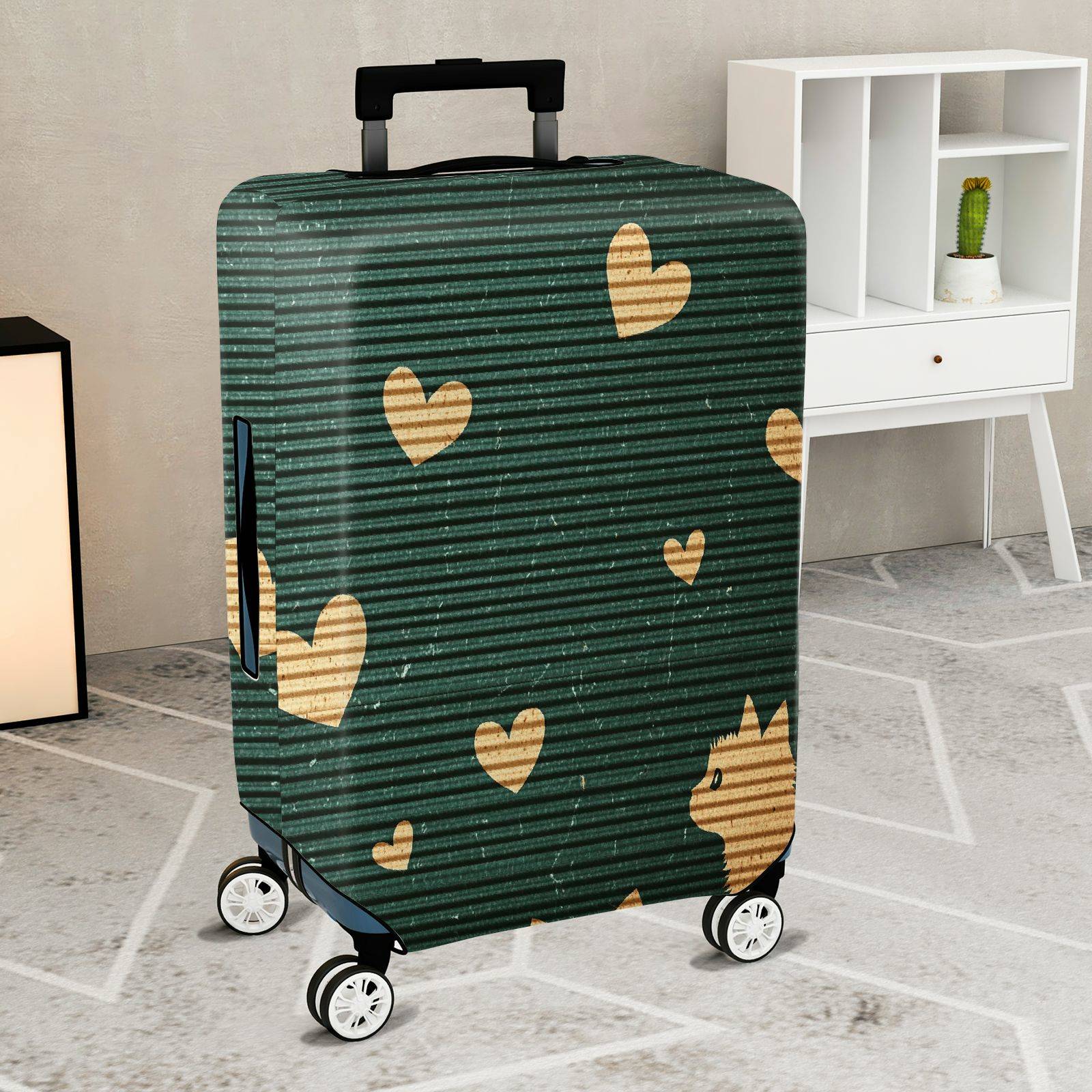 1-Piece Green Striped Heart Cat Fun Cute  Suitcase Luggage Cover, Stretch Protective Sleeve