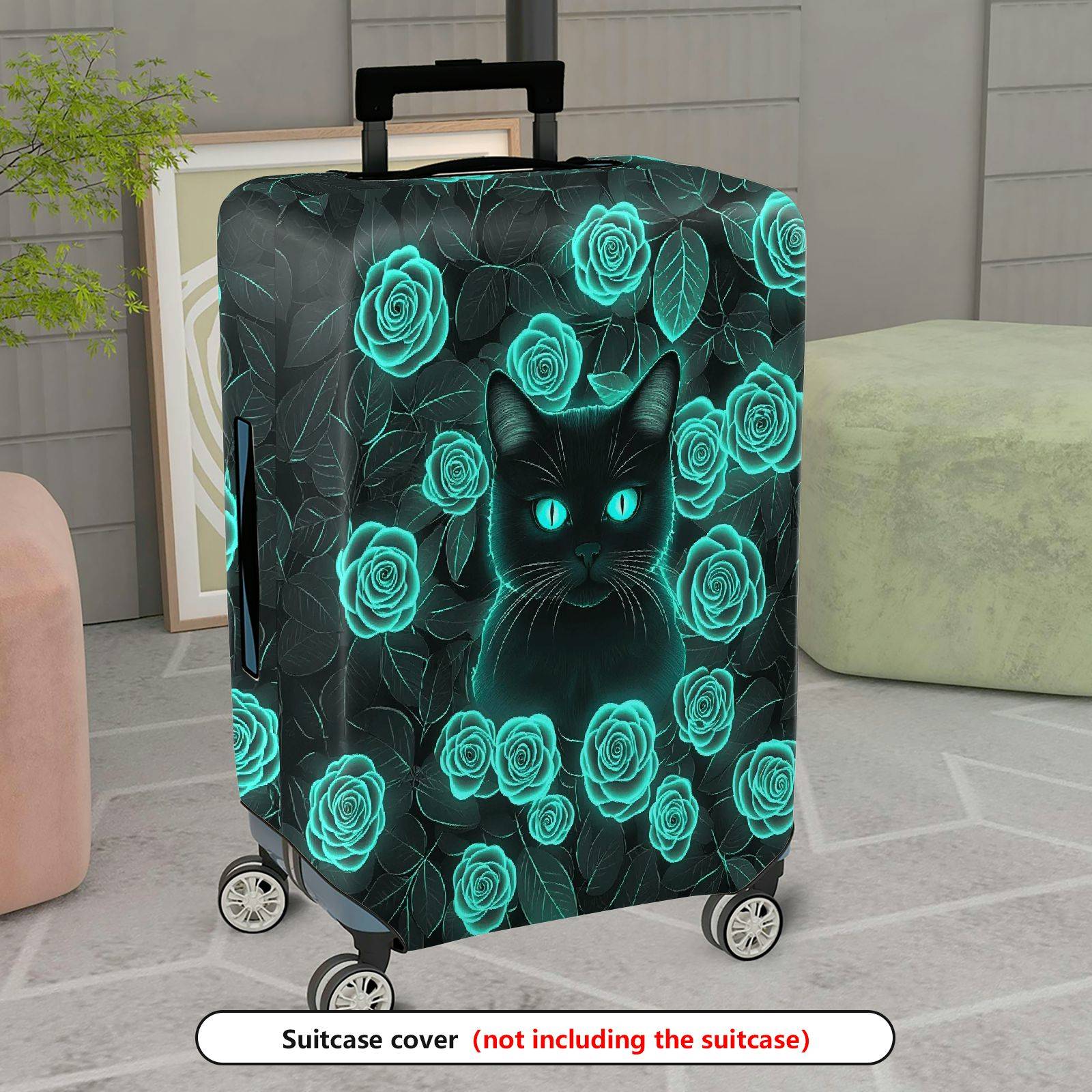 1-Piece Black Cat Green Rose Floral Art  Design  Suitcase Luggage Cover, Stretch Protective Sleeve