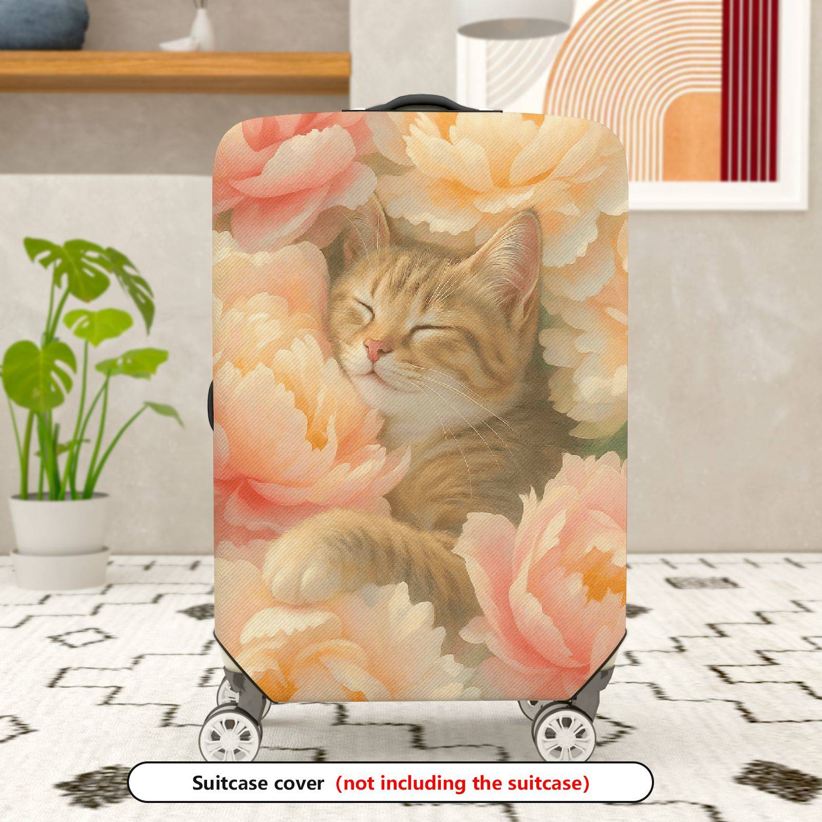 1-Piece Floral Cat Peony Blossom Nature Art  Suitcase Luggage Cover, Stretch Protective Sleeve
