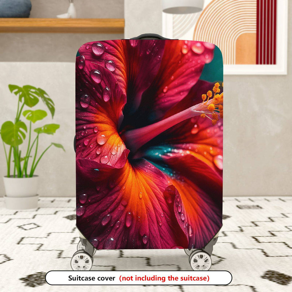 1-Piece Floral Water Droplets Red Hibiscus Vibrant Exotic  Suitcase Luggage Cover, Stretch Protective Sleeve