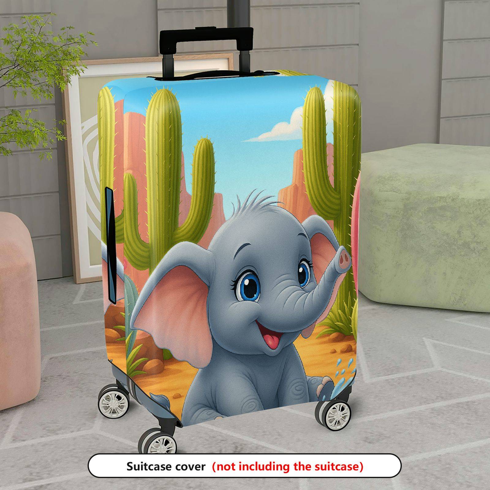 1-Piece Elephant  Desert Cactus Landscape Colorful  Suitcase Luggage Cover, Stretch Protective Sleeve