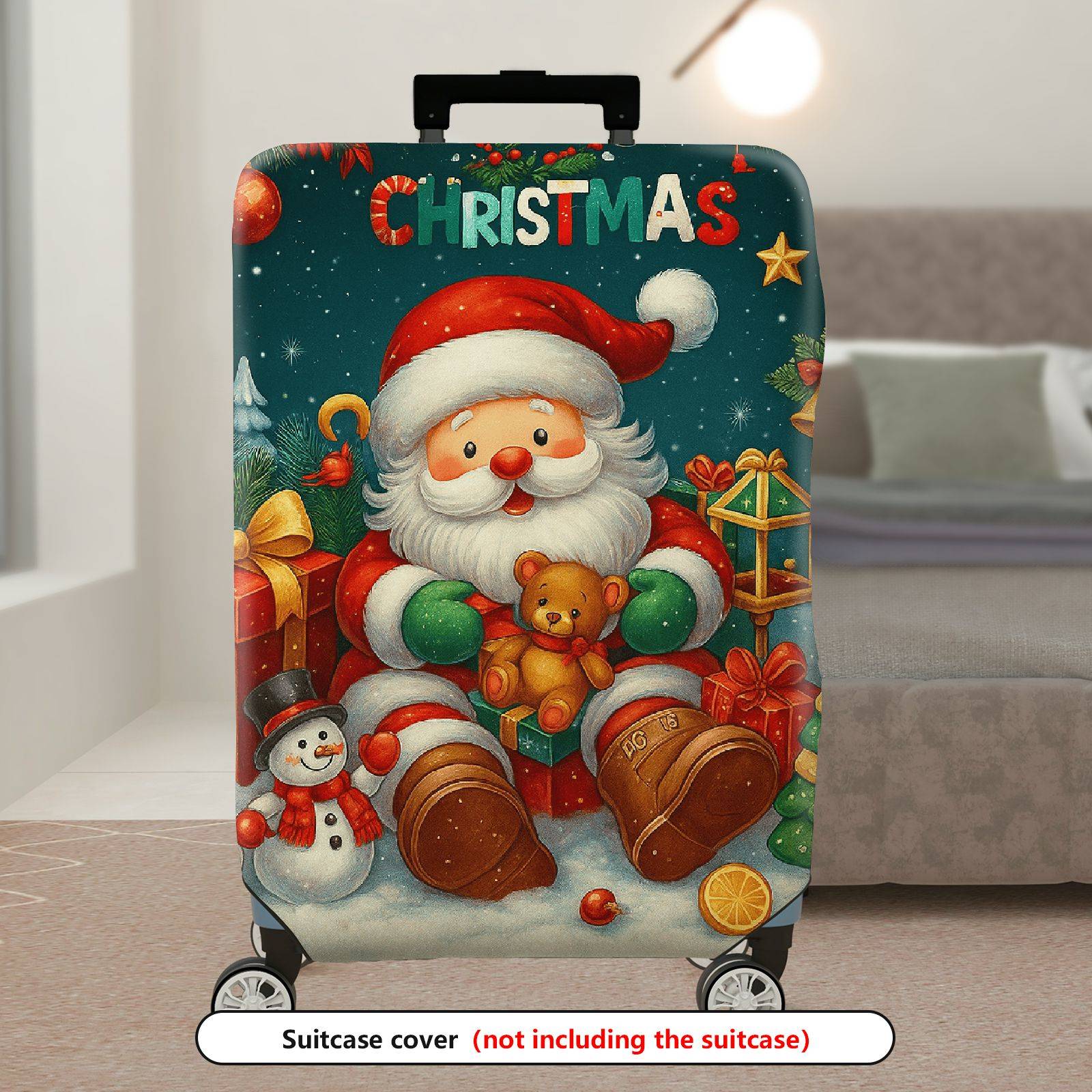 1-Piece Christmas Santa Snowman Holiday Gift Tree  Suitcase Luggage Cover, Stretch Protective Sleeve