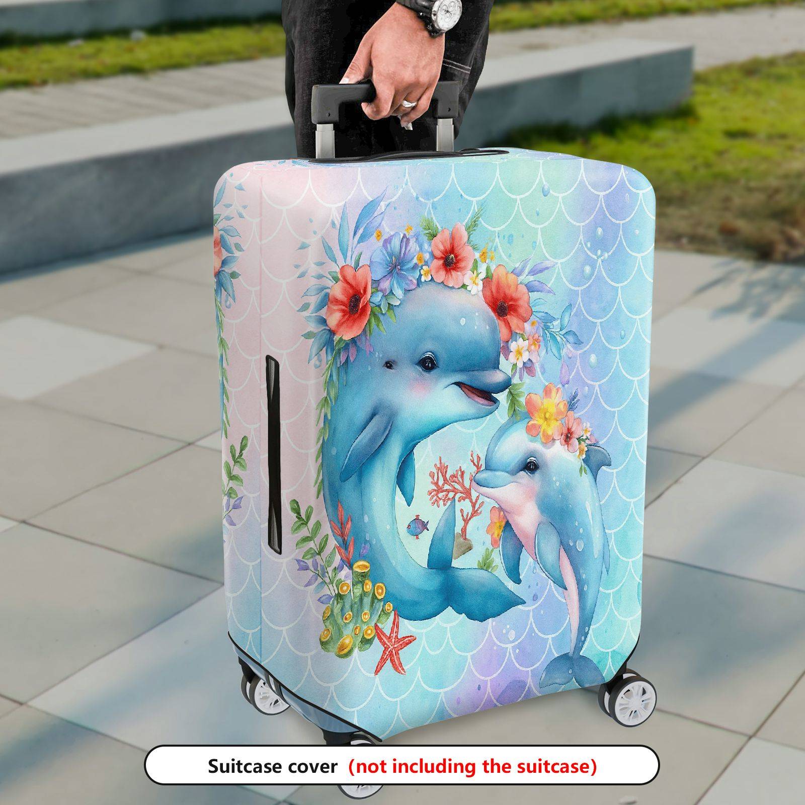 1-Piece Dolphin Floral Watercolor Ocean Mermaid Pattern  Suitcase Luggage Cover, Stretch Protective Sleeve
