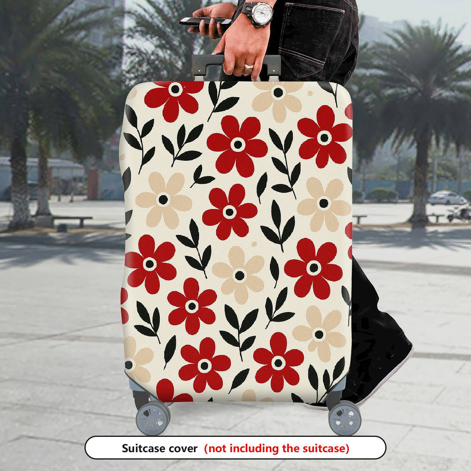1-Piece Floral Plant Leaf Red Beige Black  Suitcase Luggage Cover, Stretch Protective Sleeve