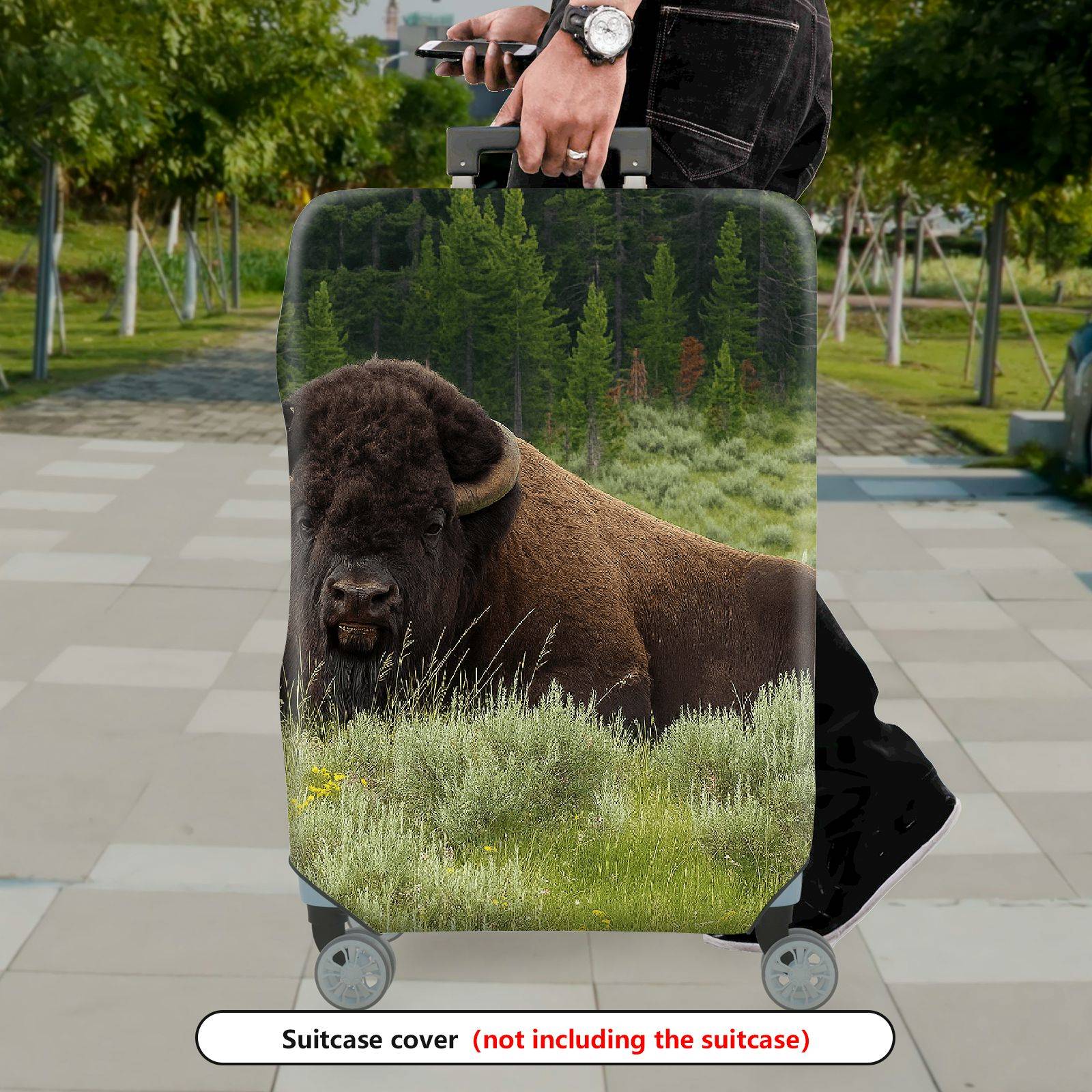 1-Piece Buffalo Wildlife Landscape Nature Green Forest Travel  Suitcase Luggage Cover, Stretch Protective Sleeve