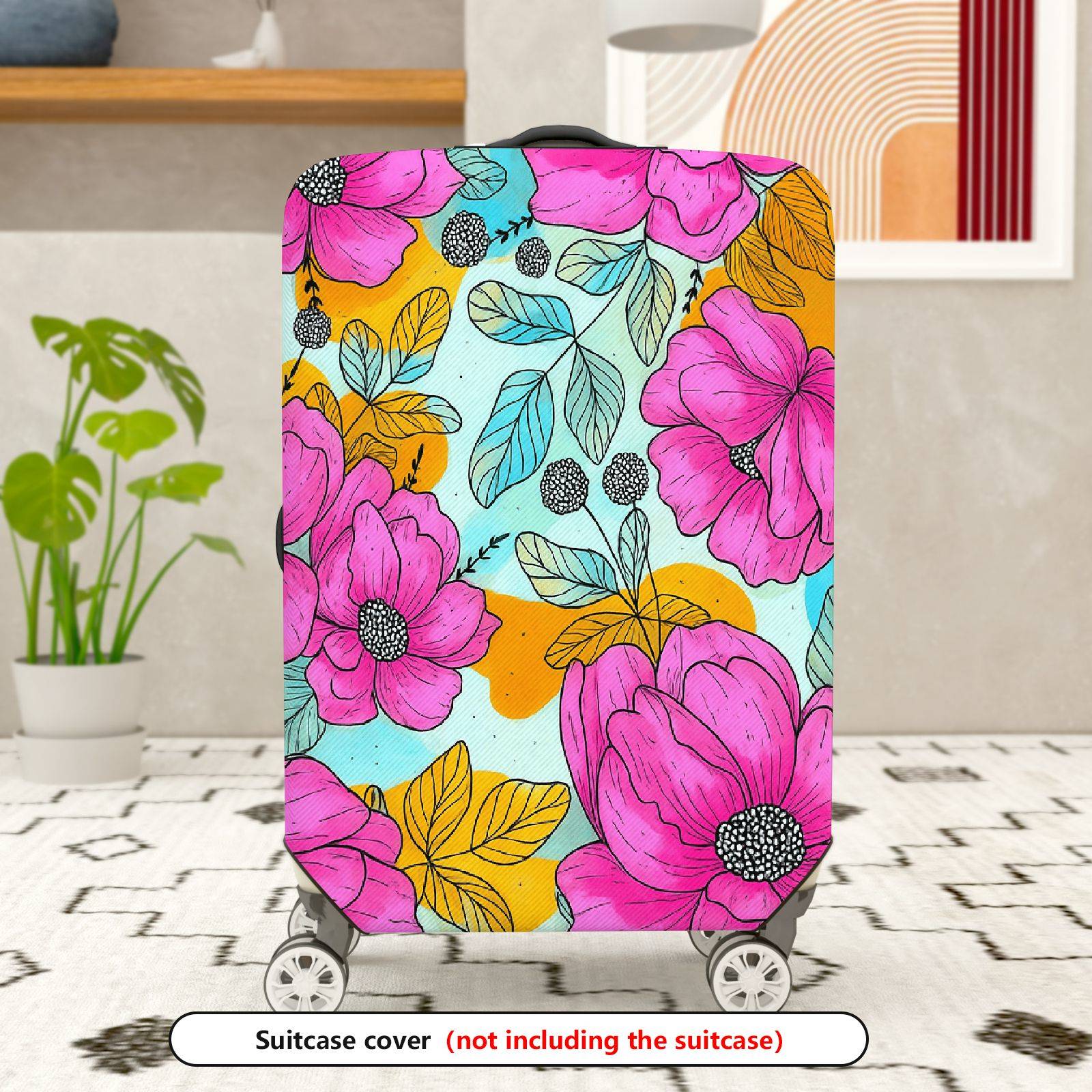 1-Piece Floral Pink Orange Blue Leaf Berry  Suitcase Luggage Cover, Stretch Protective Sleeve