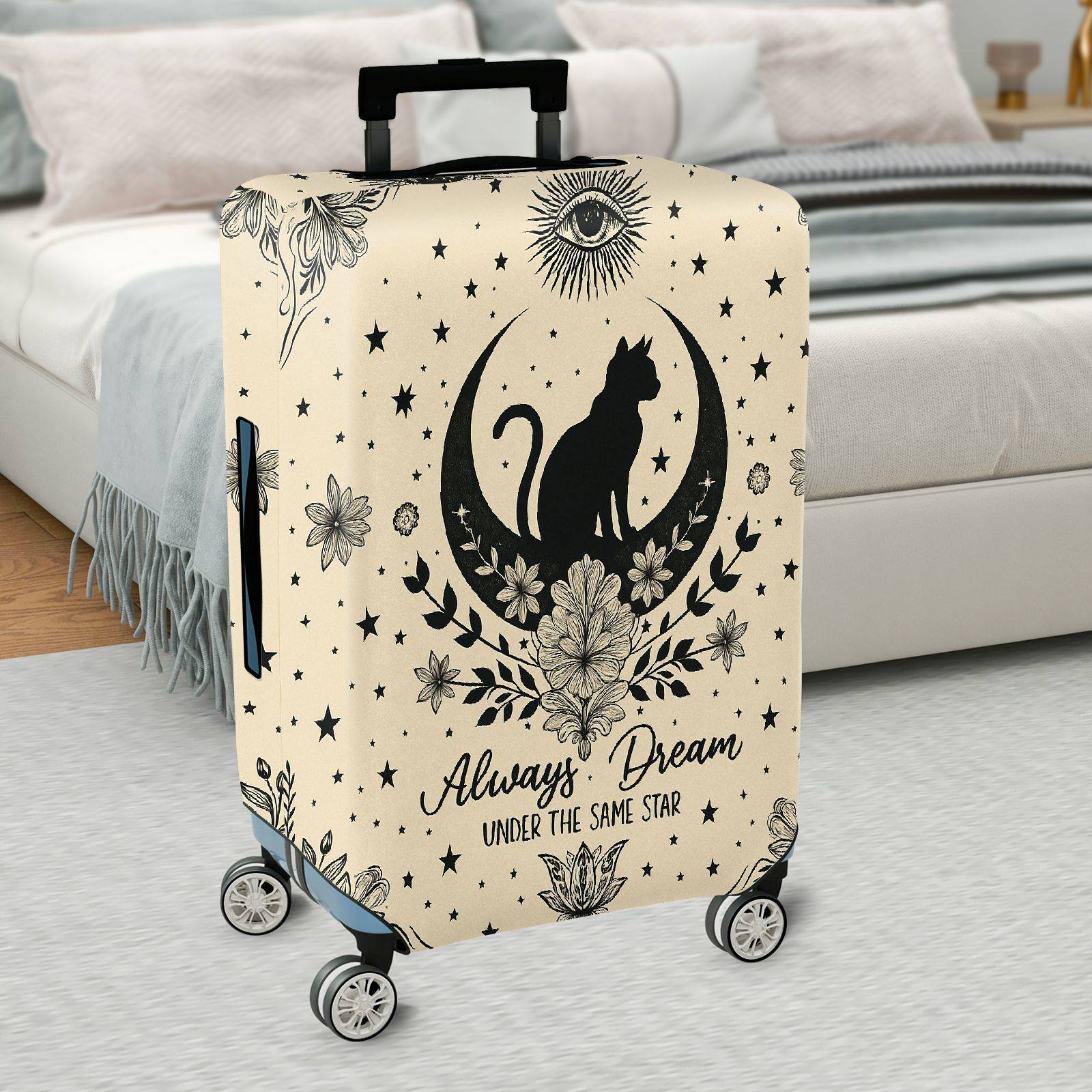 1-Piece Mystical Vintage Floral Black Cat Eye Star  Suitcase Luggage Cover, Stretch Protective Sleeve