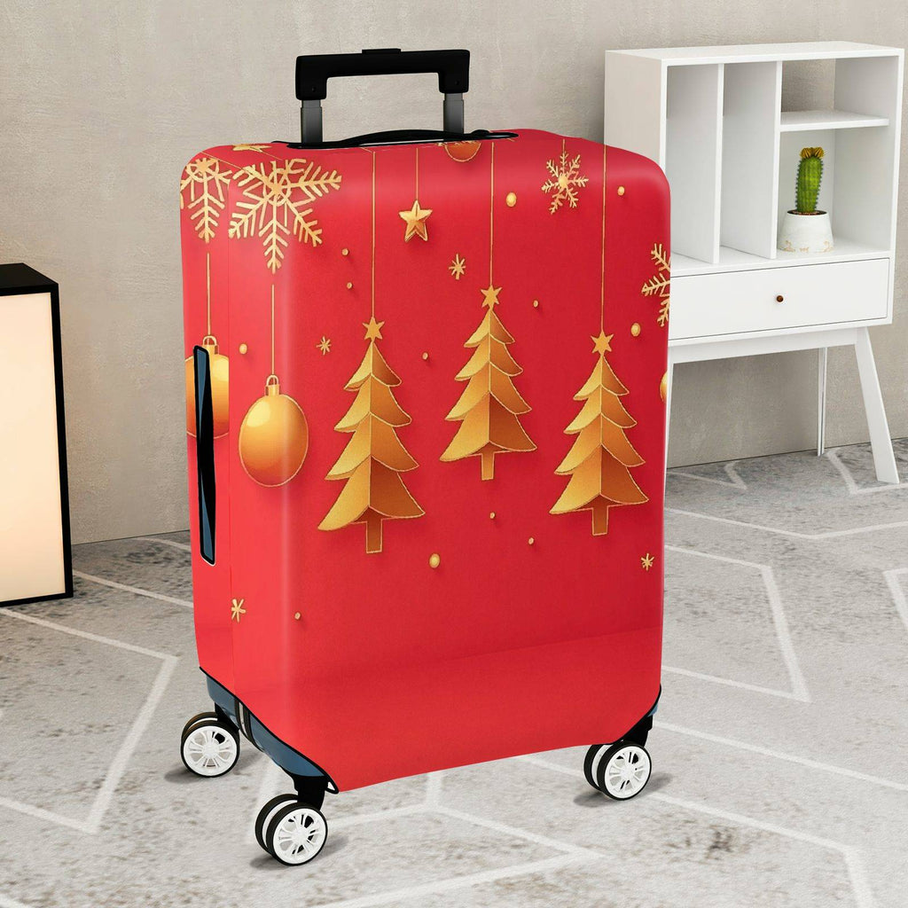 1-Piece Red Gold Christmas Tree Snowflake Ornament Holiday  Suitcase Luggage Cover, Stretch Protective Sleeve