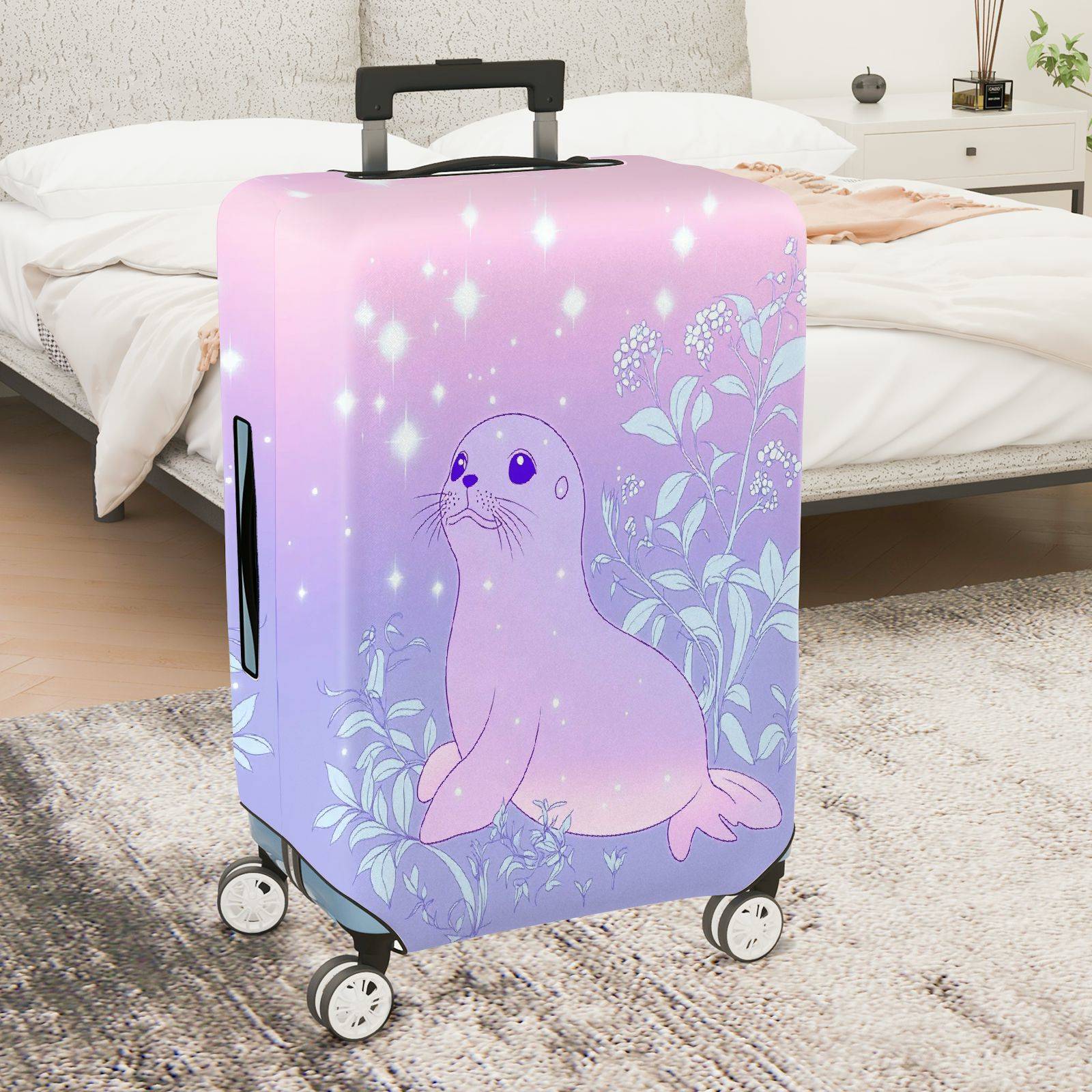 1-Piece Cute Seal Starry Floral Pastel Gradient Magical  Suitcase Luggage Cover, Stretch Protective Sleeve