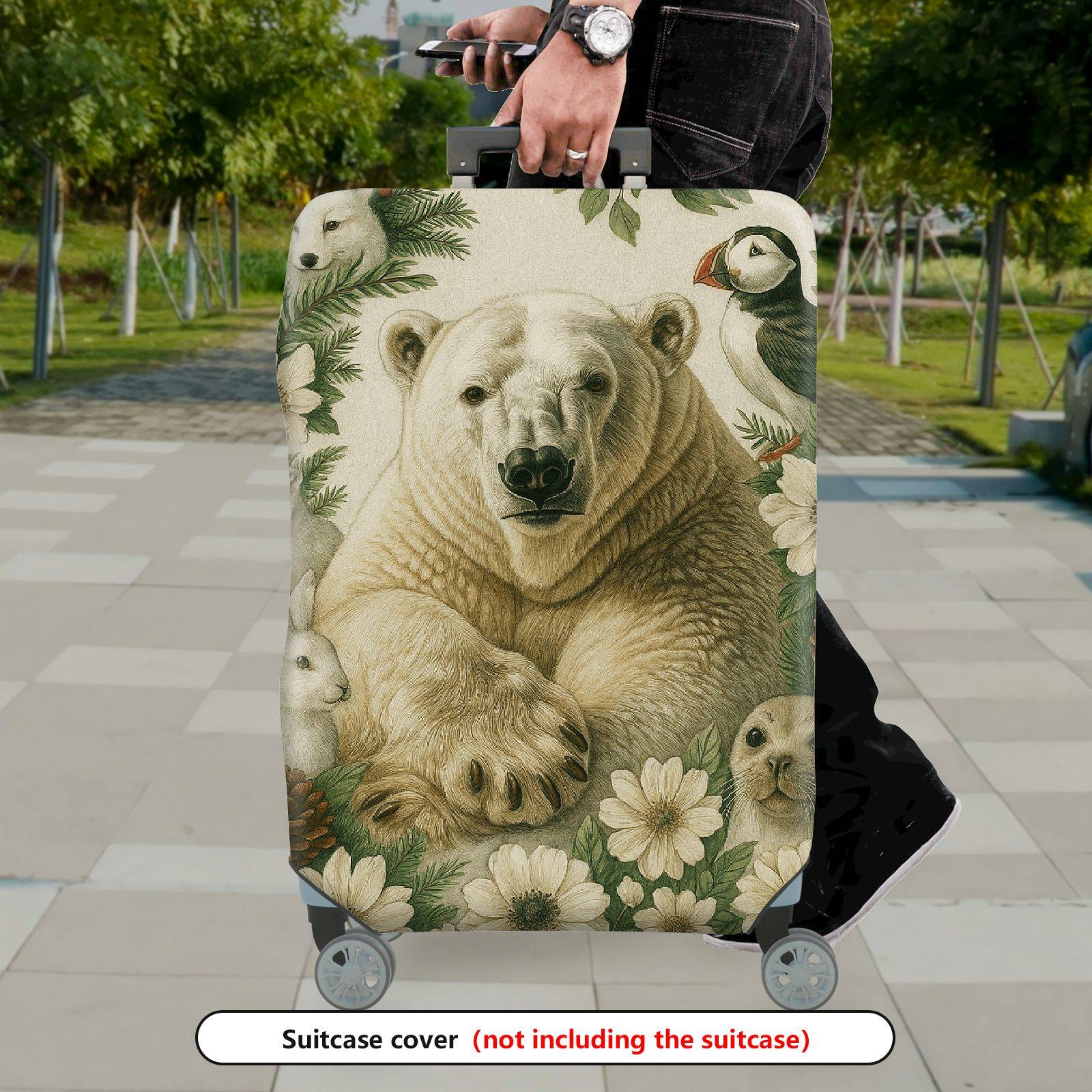 1-Piece Animal Forest Nature Floral Bear Scenic  Suitcase Luggage Cover, Stretch Protective Sleeve