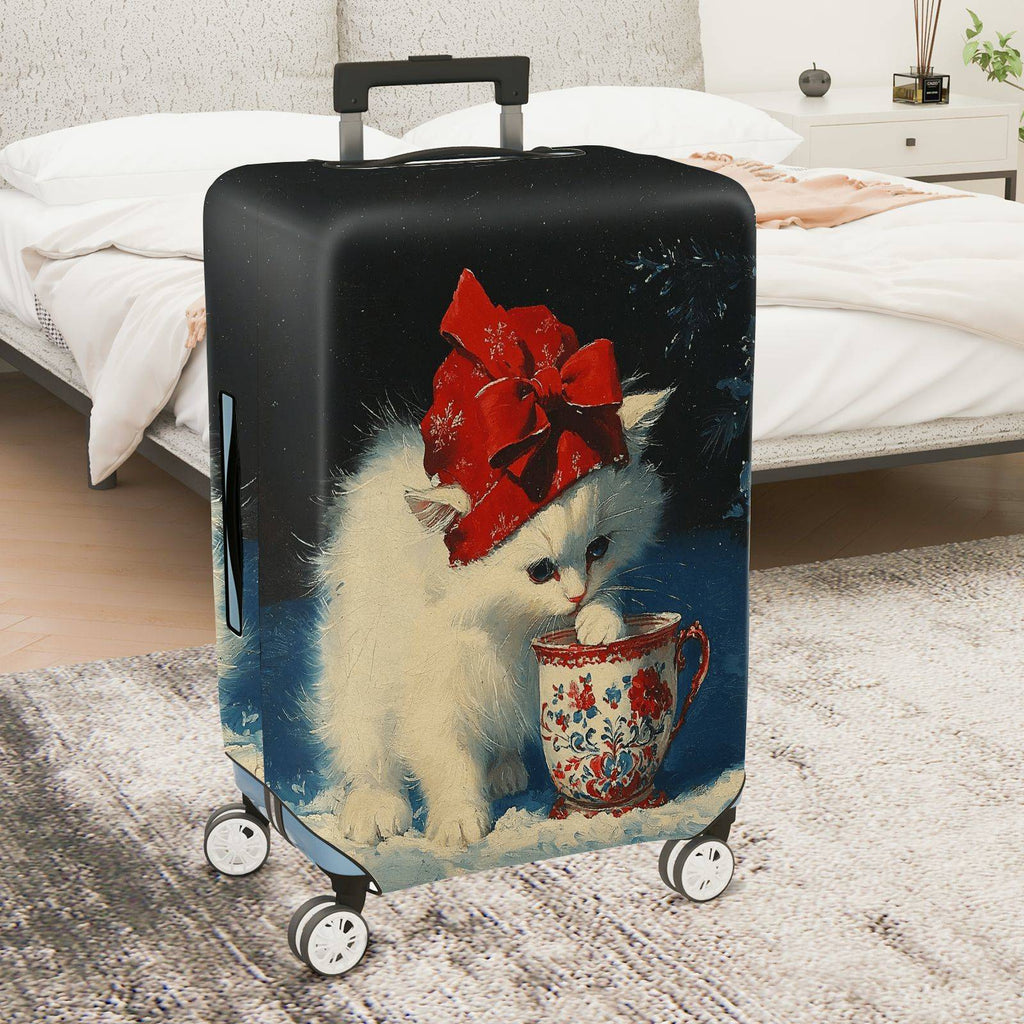 1-Piece Cute Christmas Winter Cat Red Hat Christmas Mug  Suitcase Luggage Cover, Stretch Protective Sleeve