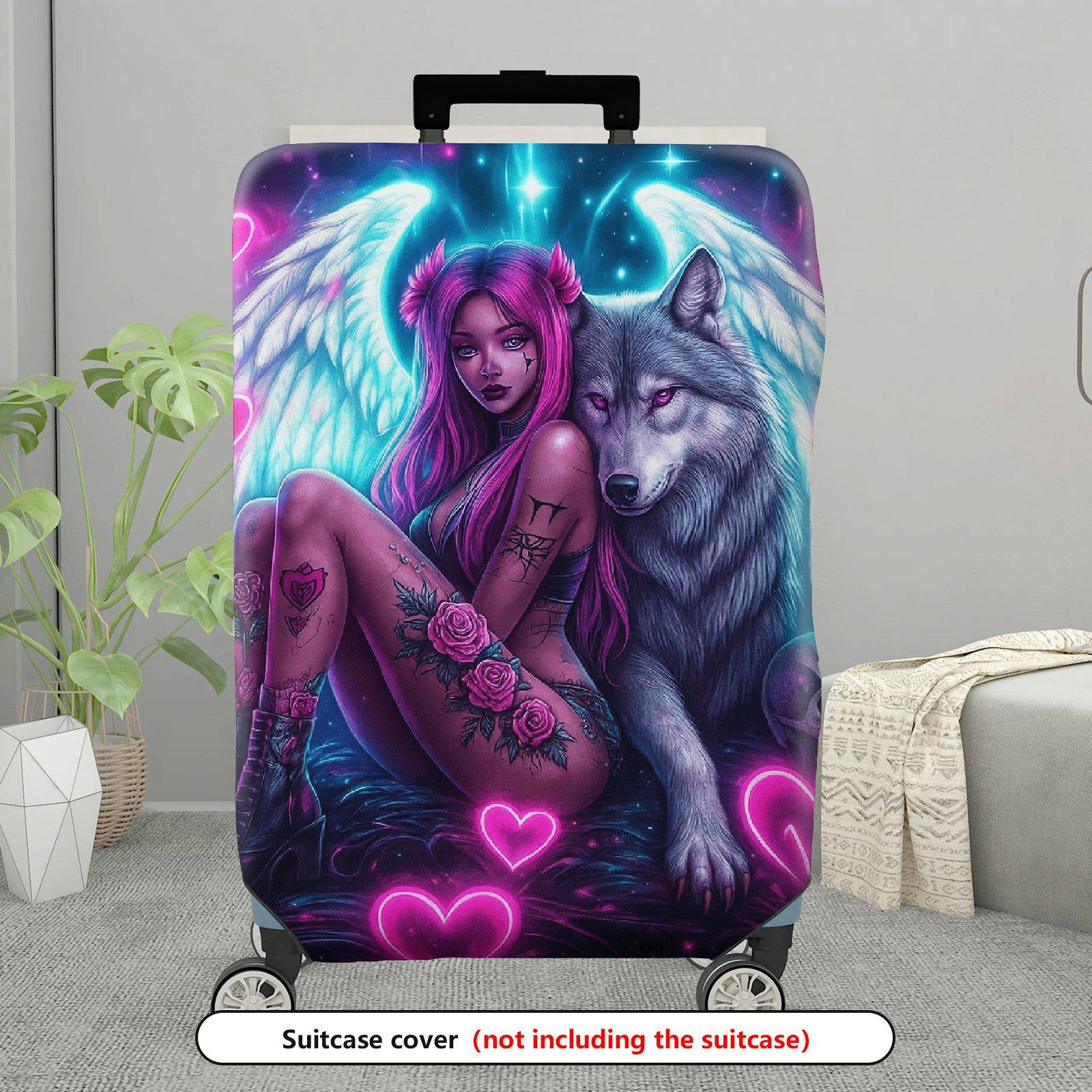 1-Piece Angel Fantasy Wolf Skull Rose Heart  Suitcase Luggage Cover, Stretch Protective Sleeve