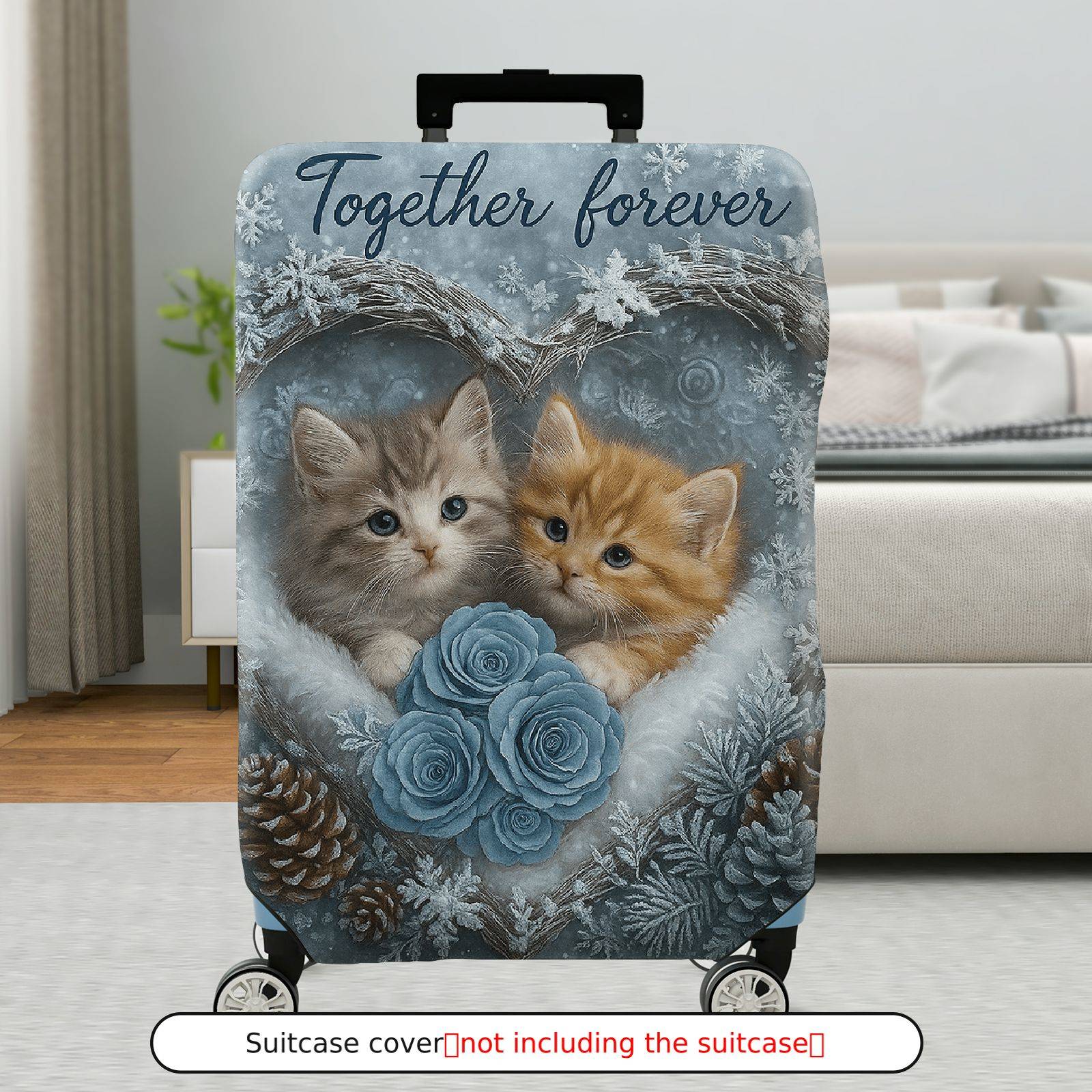 1-Piece Cute Winter Cat Heart Snowflake Rose  Suitcase Luggage Cover, Stretch Protective Sleeve