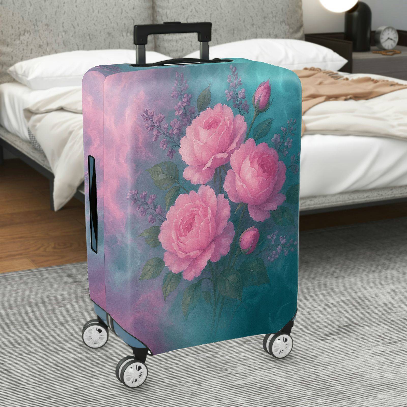 1-Piece Pink Floral Artistic Rose Vintage Romantic Elegant  Suitcase Luggage Cover, Stretch Protective Sleeve