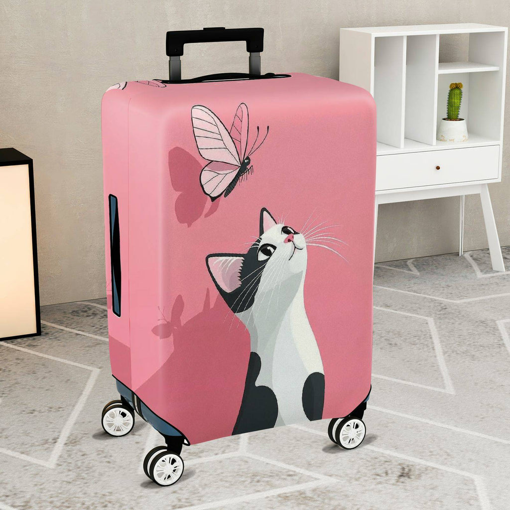 1-Piece Pink Cat Butterfly Cute Whimsical Fun  Suitcase Luggage Cover, Stretch Protective Sleeve