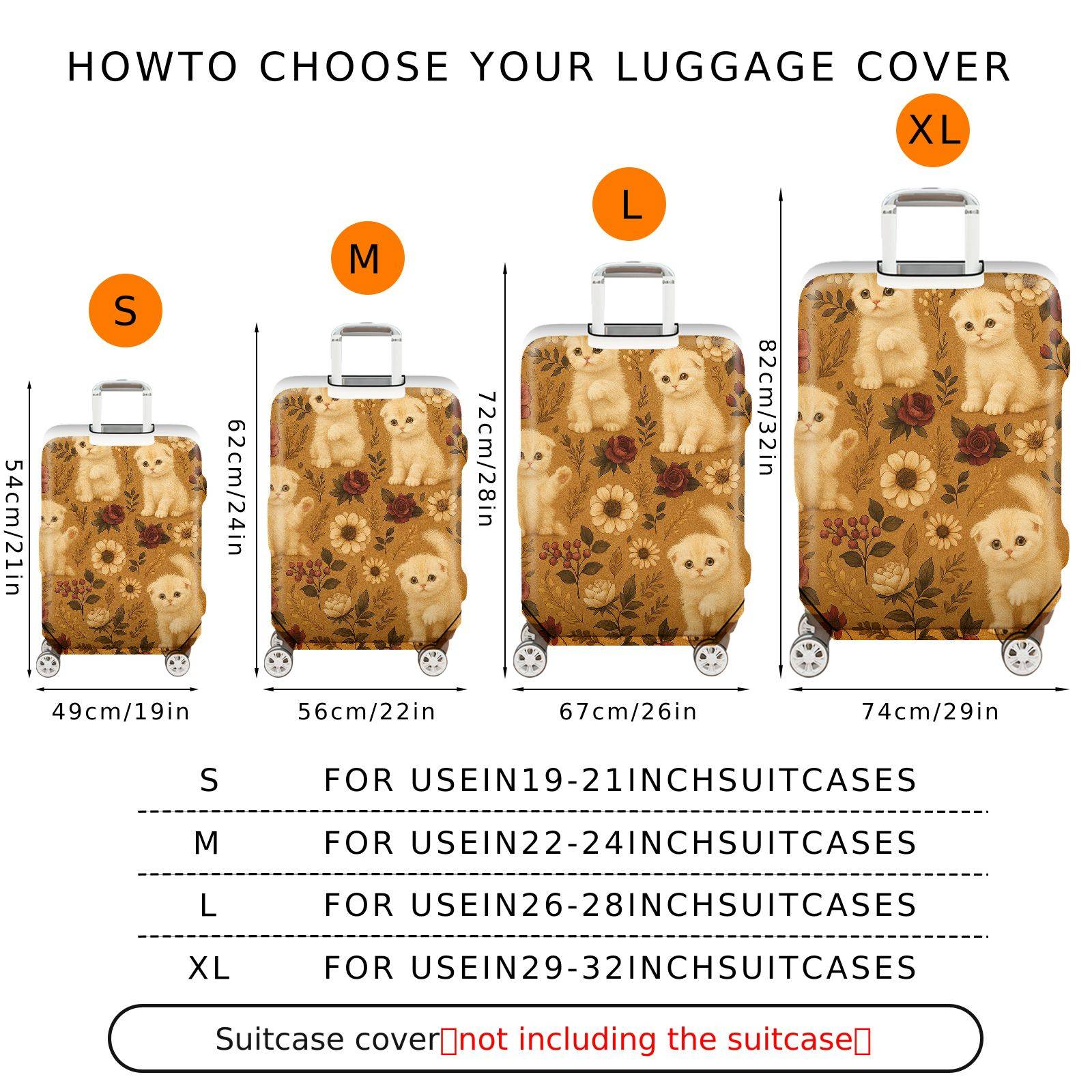 1-Piece Cute Floral Kitten Vintage Artistic Pattern  Suitcase Luggage Cover, Stretch Protective Sleeve
