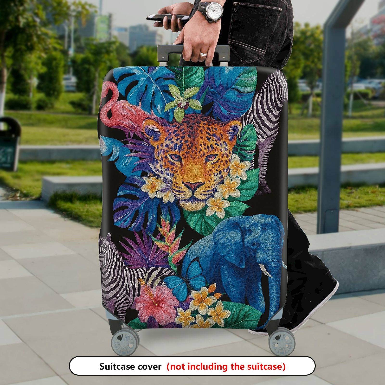1-Piece Jungle Wildlife Animal Floral Leaf Vibrant  Suitcase Luggage Cover, Stretch Protective Sleeve