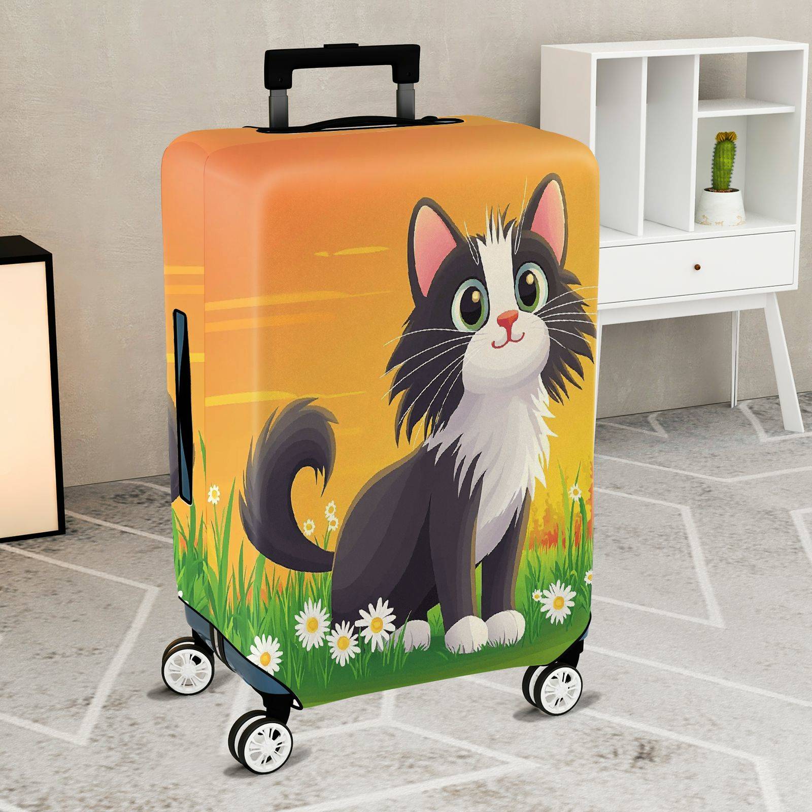 1-Piece Cute Cat Daisy Floral Orange Artistic Graphic  Suitcase Luggage Cover, Stretch Protective Sleeve
