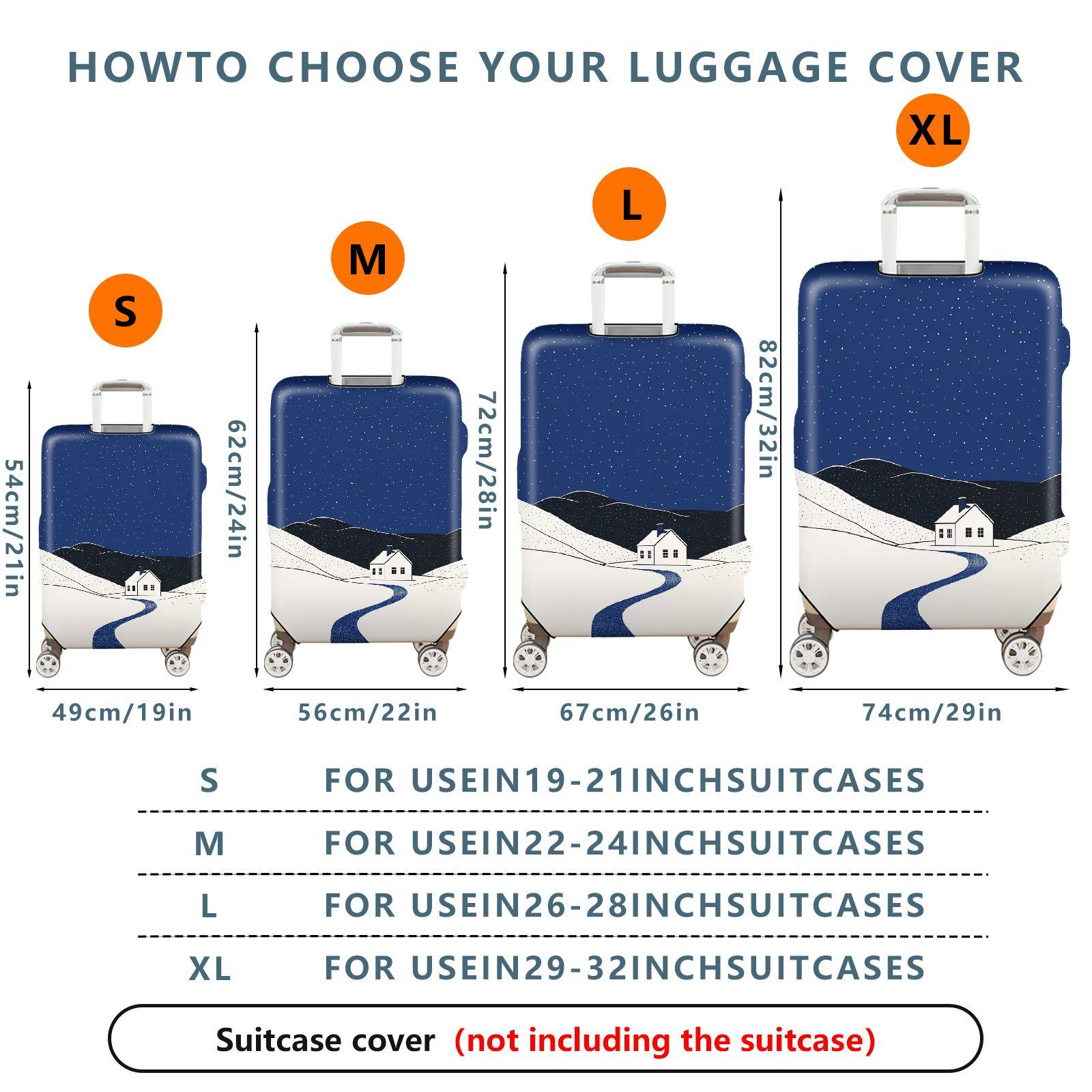 1-Piece Snowy Night Winter Holiday House Scenic Blue  Suitcase Luggage Cover, Stretch Protective Sleeve