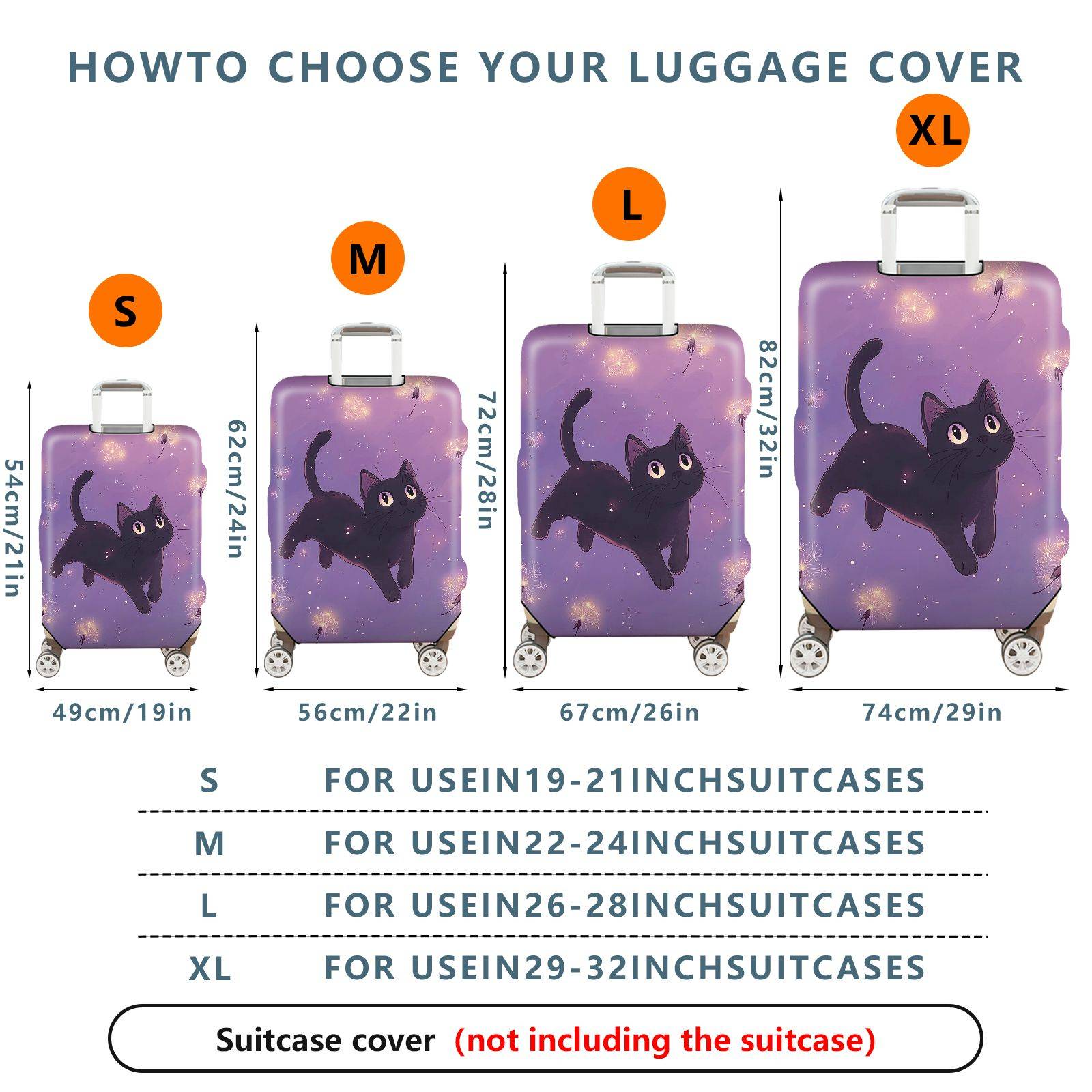 1-Piece Black Cat Dandelion Purple Cute Stylish Fun  Suitcase Luggage Cover, Stretch Protective Sleeve
