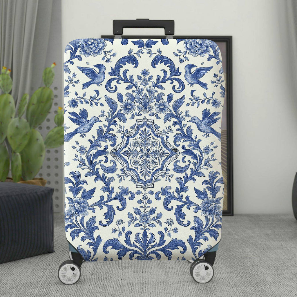 1-Piece Blue Vintage Floral Bird Pattern Damask  Suitcase Luggage Cover, Stretch Protective Sleeve