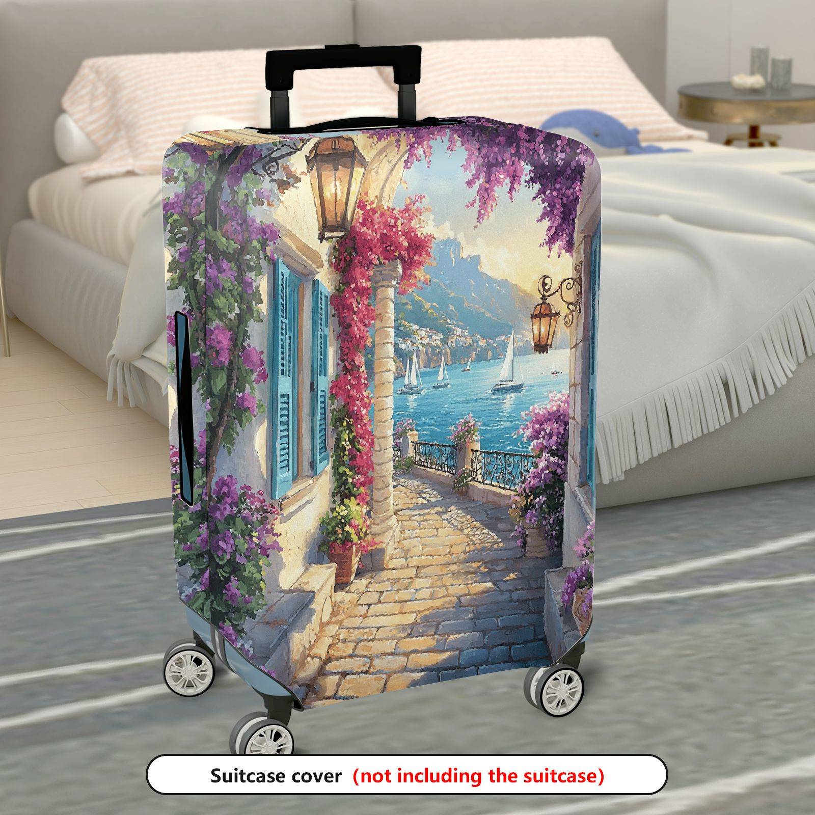 1-Piece Mediterranean Coastal Floral Landscape Sailboats Lantern  Suitcase Luggage Cover, Stretch Protective Sleeve